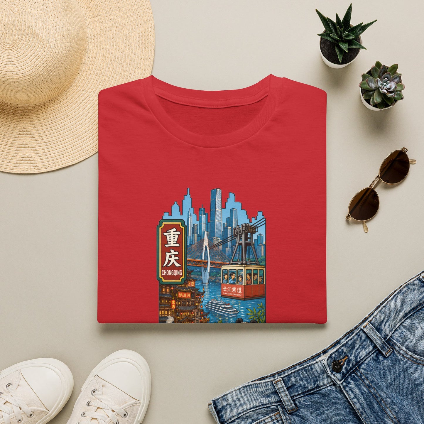 Chongqing Cityscape T-Shirt — Cable Car, Skyline & Night Market Illustration