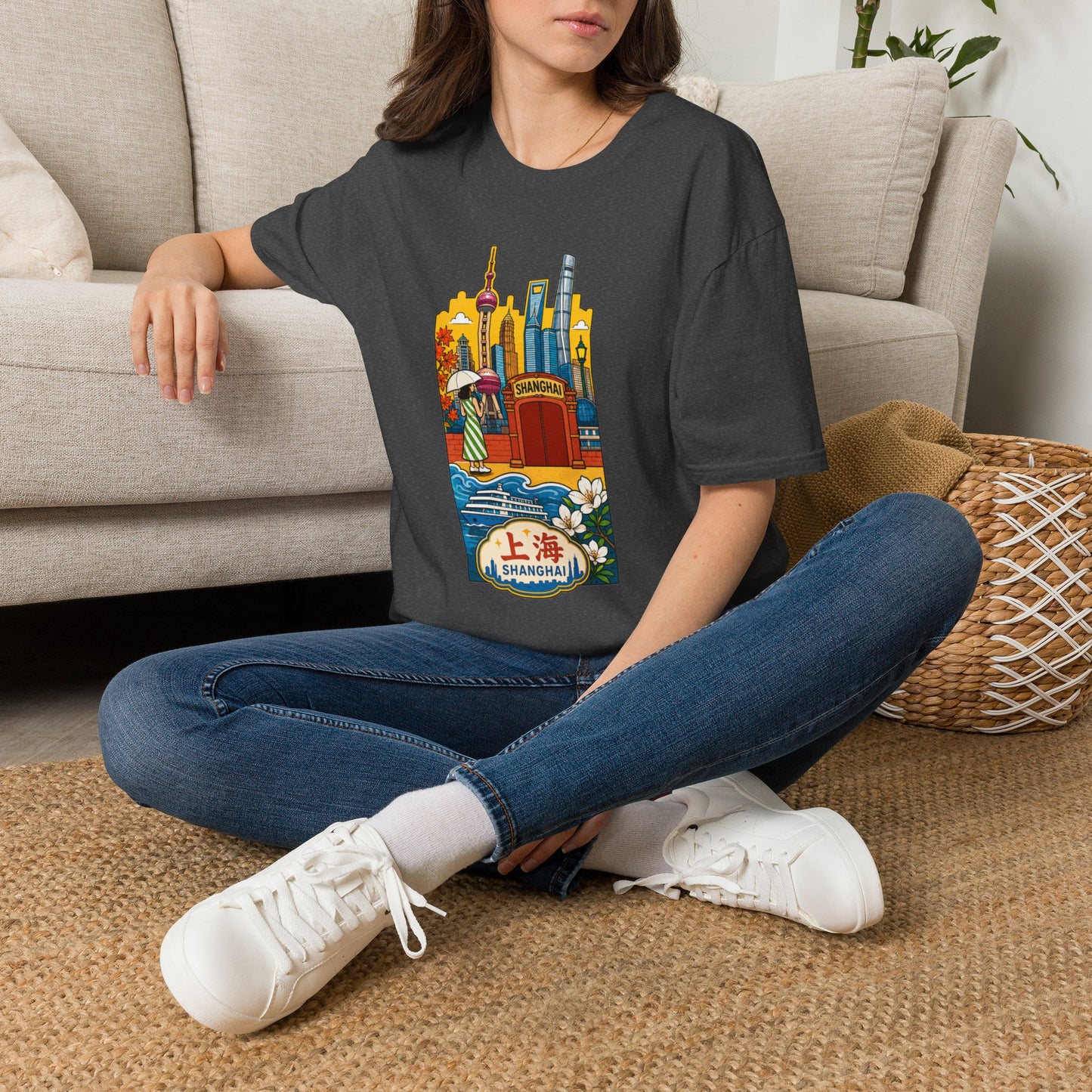 Shanghai Skyline T-Shirt — Vintage Cityscape with Chinese Characters