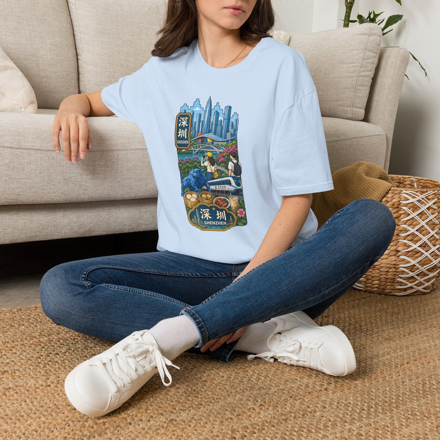 Shenzhen Skyline T-Shirt — Retro Travel City Scene with Chinese Characters
