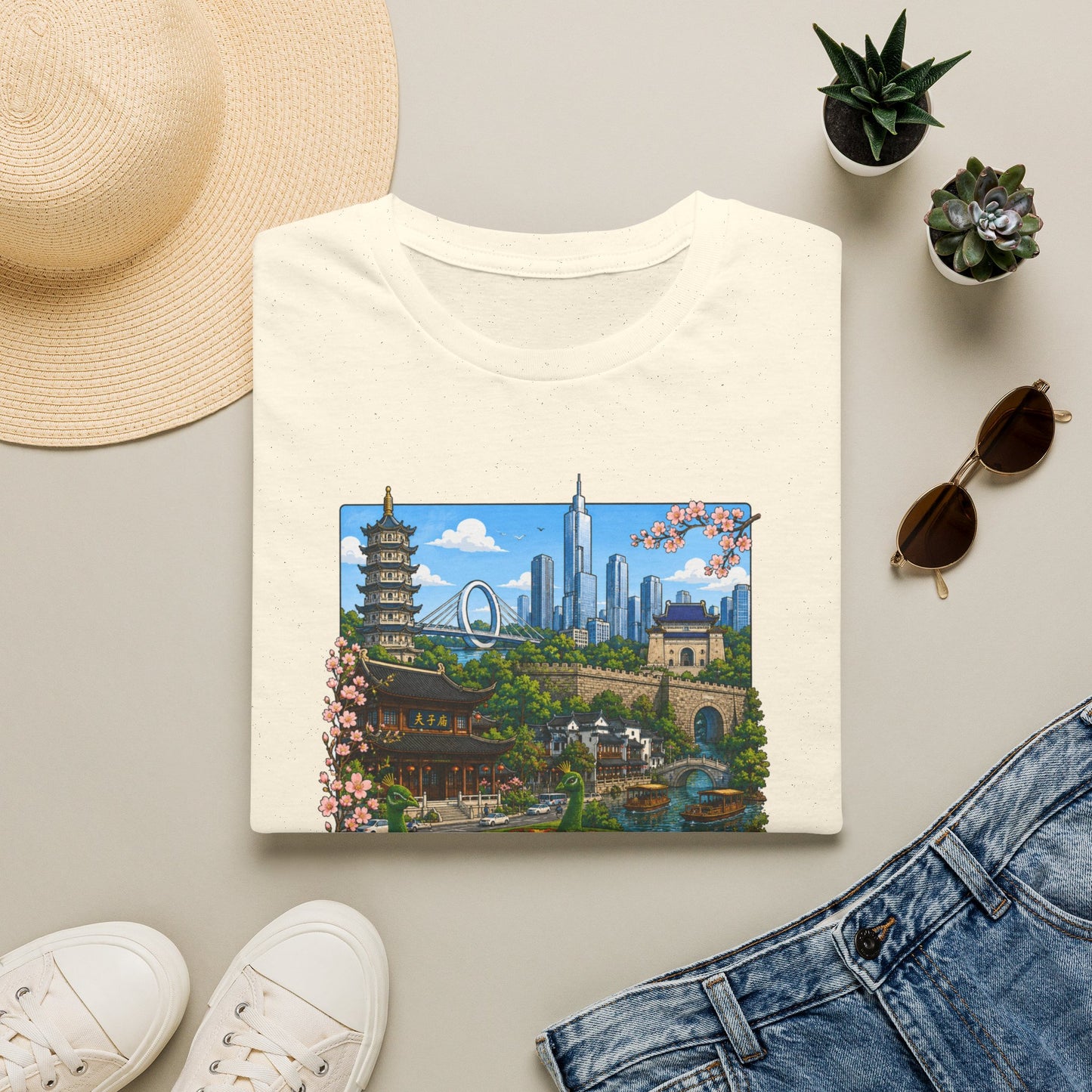 Nanjing Skyline T-Shirt — Scenic Cityscape with Pagoda & Cherry Blossoms