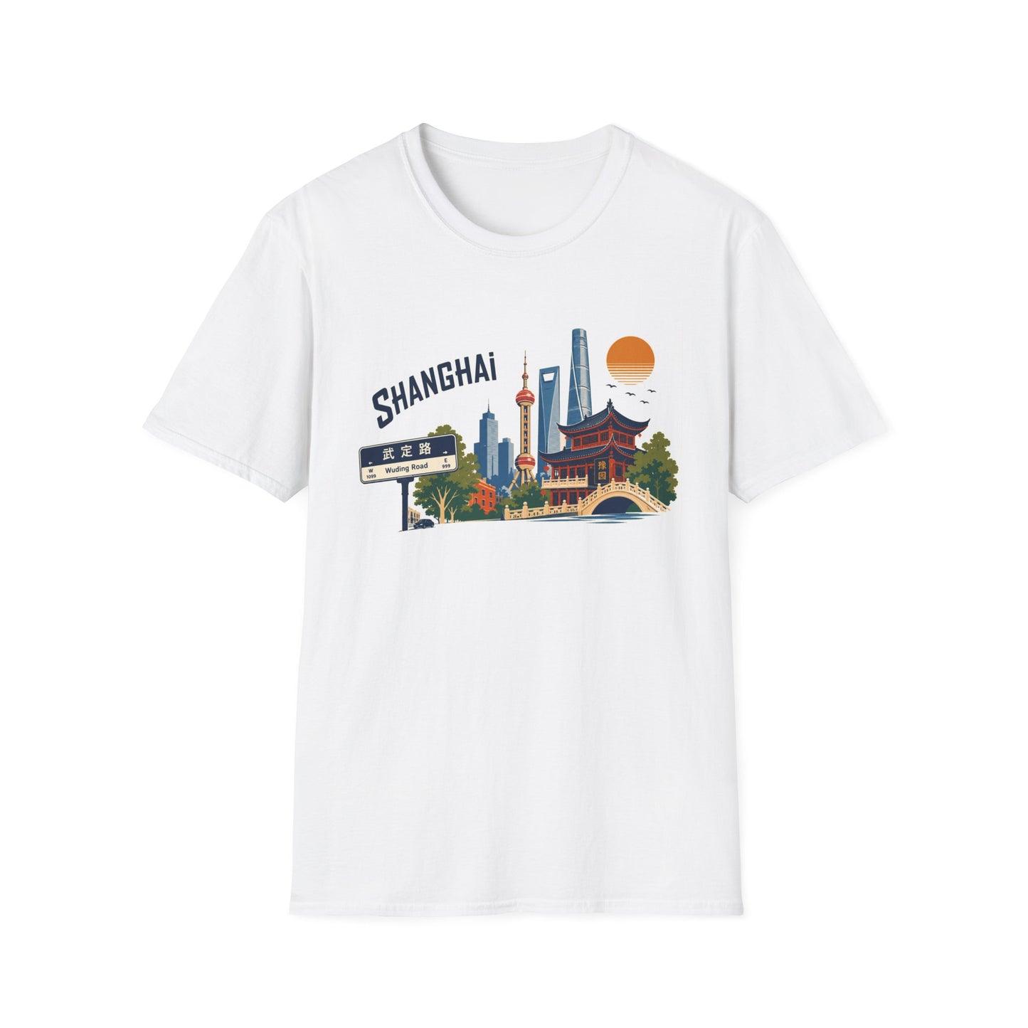 Shanghai Skyline T-Shirt — Vintage Cityscape Tee with Oriental Temple & Pudong Landmarks