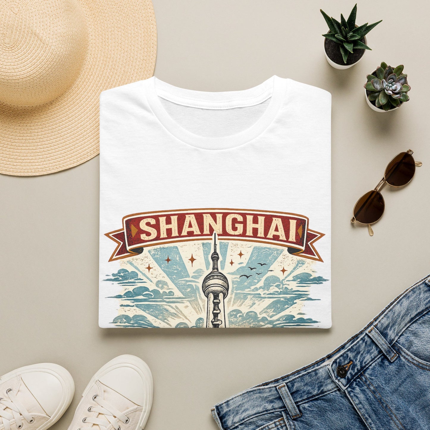 Shanghai Skyline T-Shirt — Retro Oriental Pearl Tower Travel Tee