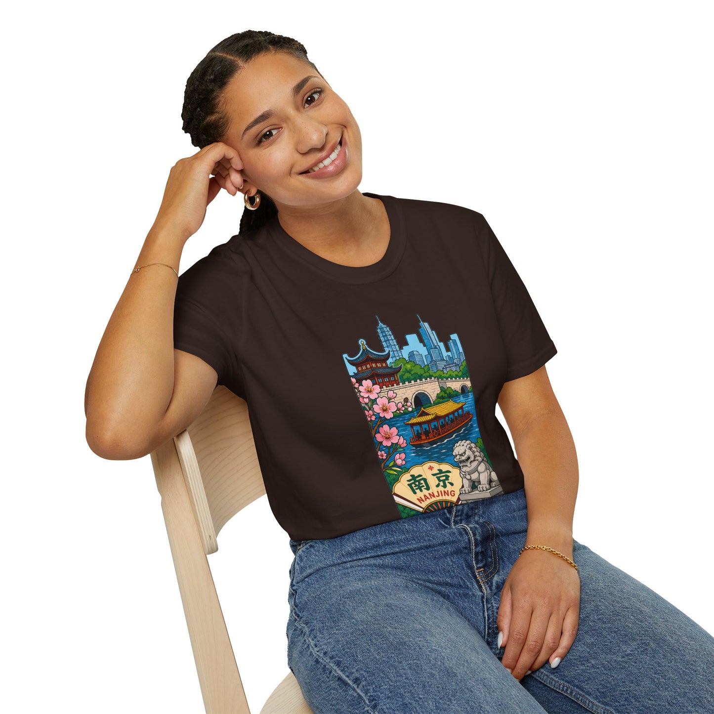 Nanjing Cityscape T-Shirt — Cherry Blossoms, Pagoda & Skyline Travel Shirt