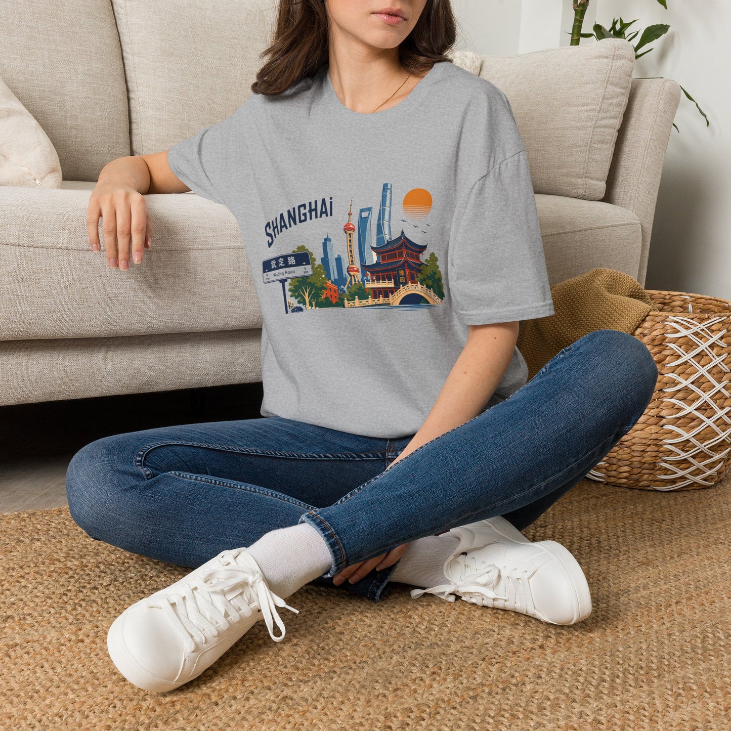 Shanghai Skyline T-Shirt — Retro Cityscape Tee with Oriental Pagoda & Street Sign
