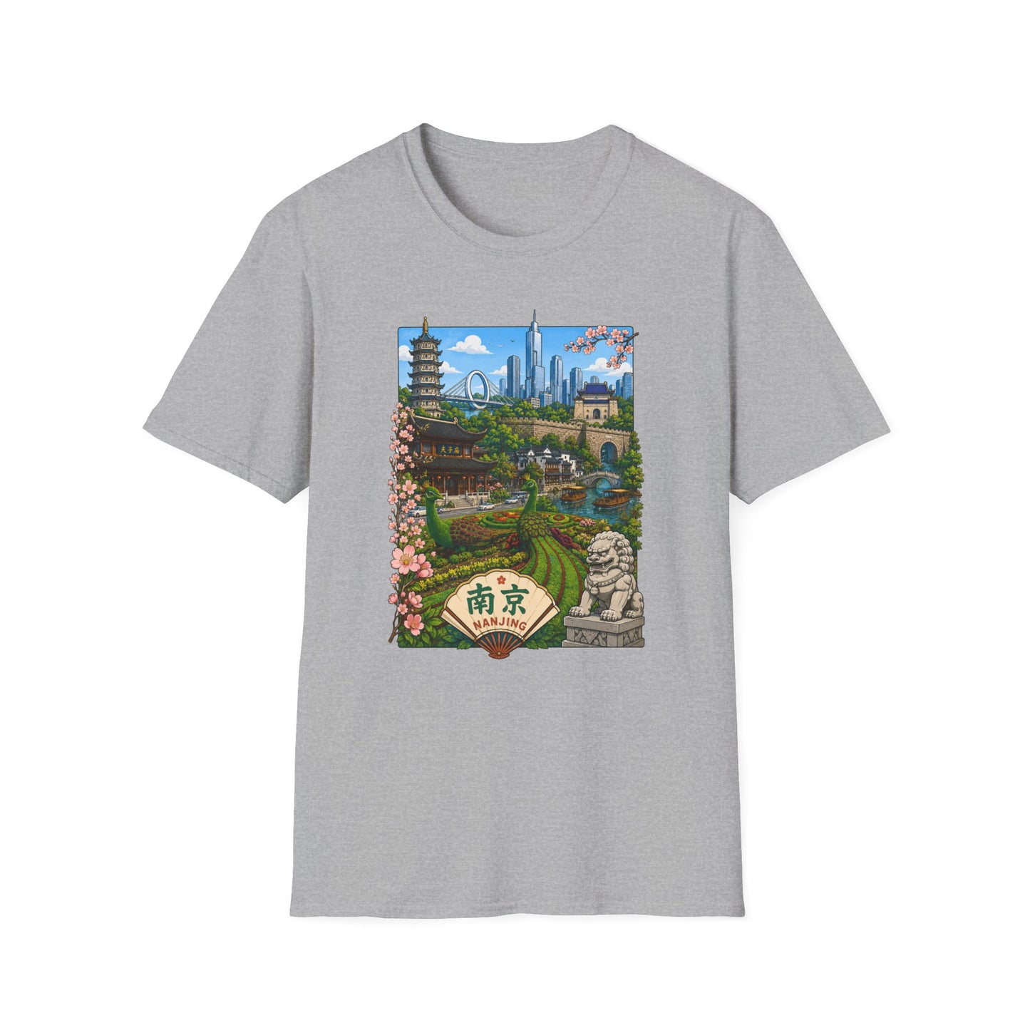 Nanjing Skyline T-Shirt — Scenic Cityscape with Pagoda & Cherry Blossoms