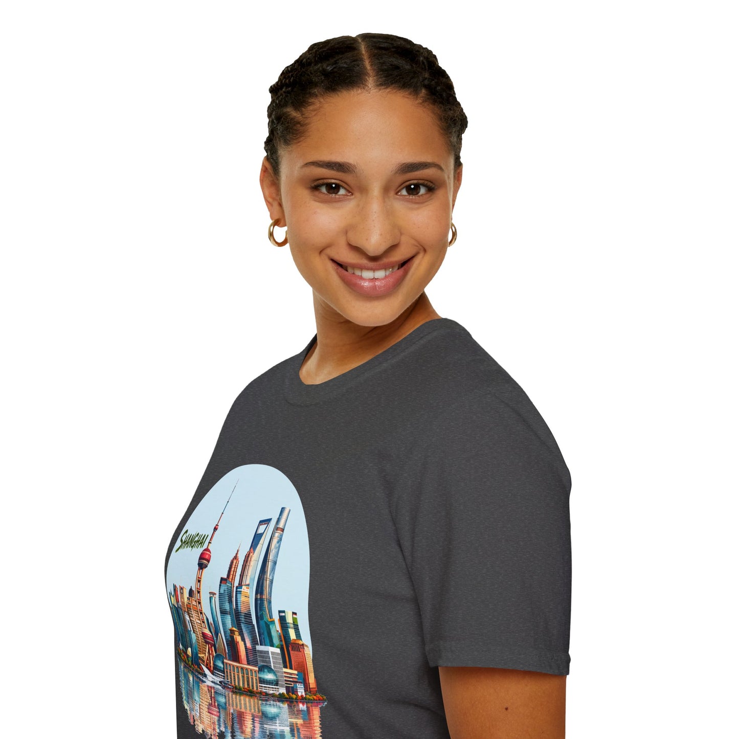 Shanghai Skyline T-Shirt — Retro Cityscape Tee with Reflection
