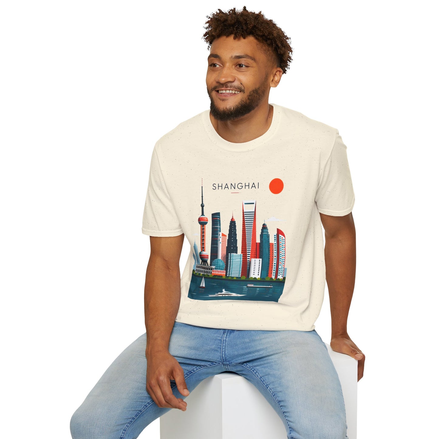 Shanghai Skyline T‑Shirt — Retro Red Sun Cityscape Tee