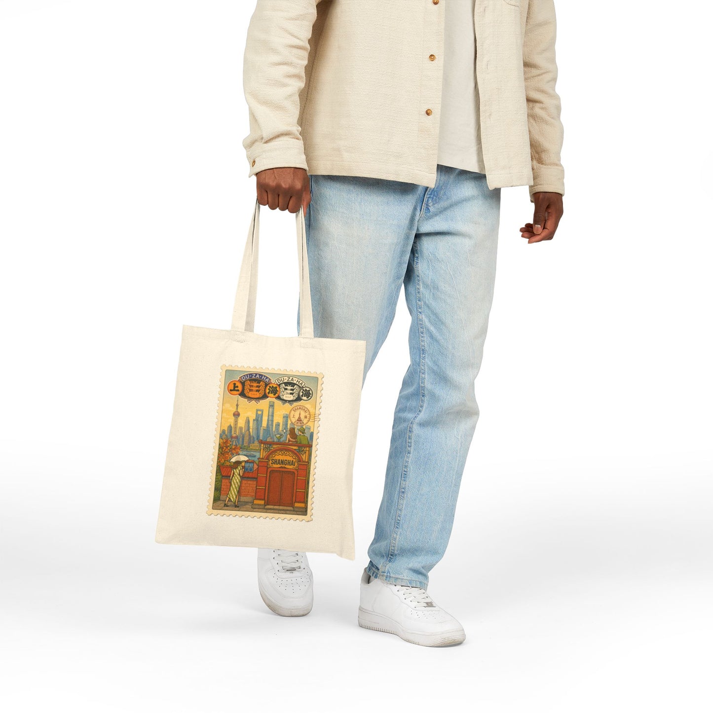 Vintage Shanghai Skyline Canvas Tote — Oriental Travel Poster Bag