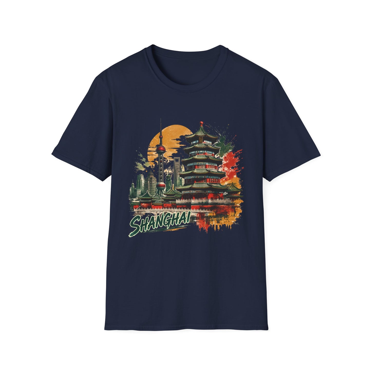 Shanghai Skyline T-Shirt — Watercolor Pagoda & Oriental Sunset Graphic
