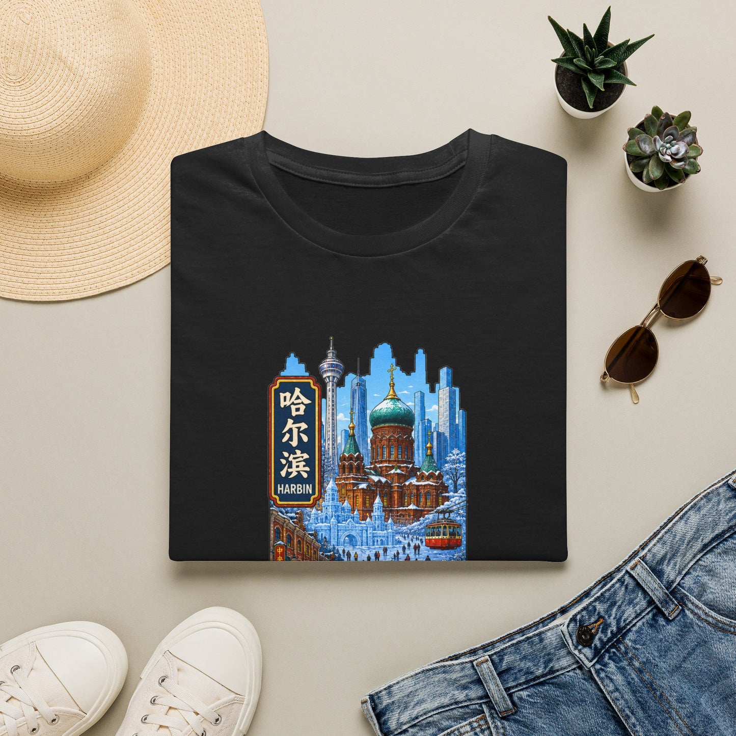 Harbin Cityscape T-Shirt — Snowy Cathedral & Skyline Travel Tee