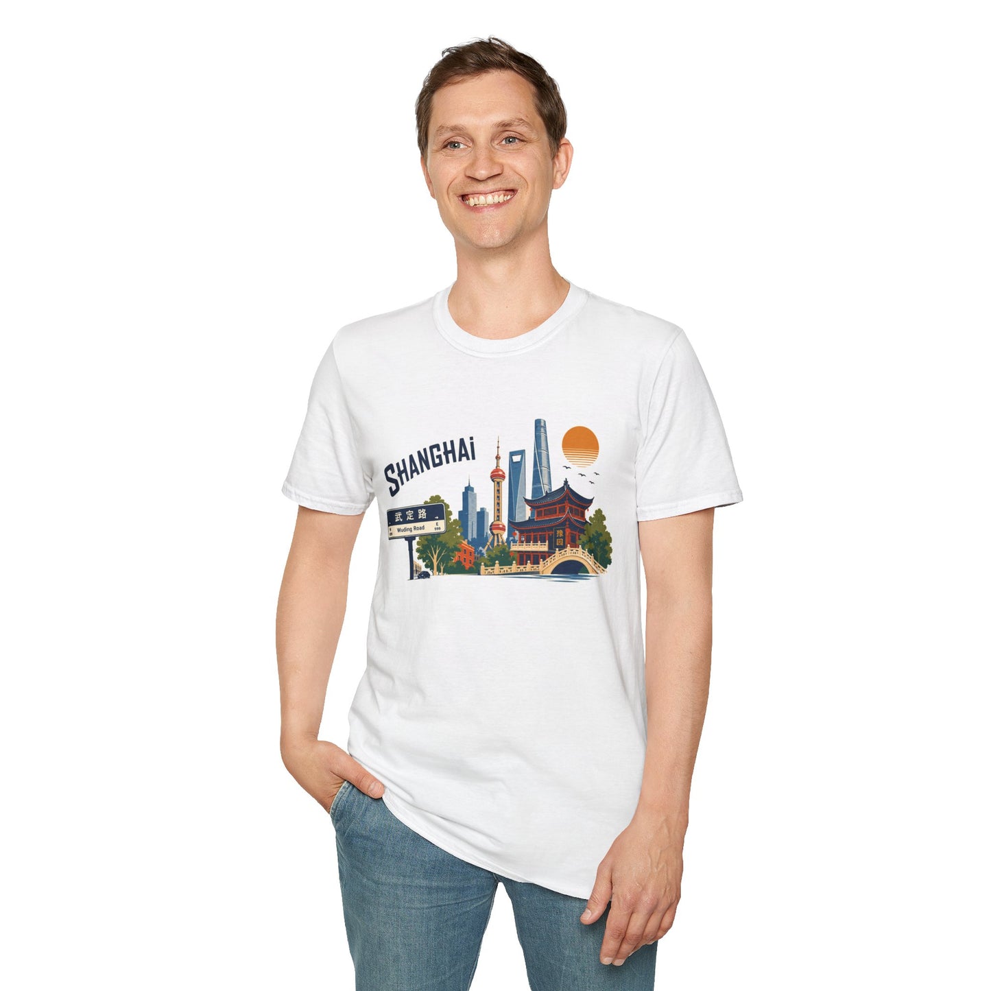 Shanghai Skyline T-Shirt — Vintage Cityscape Tee with Oriental Temple & Pudong Landmarks