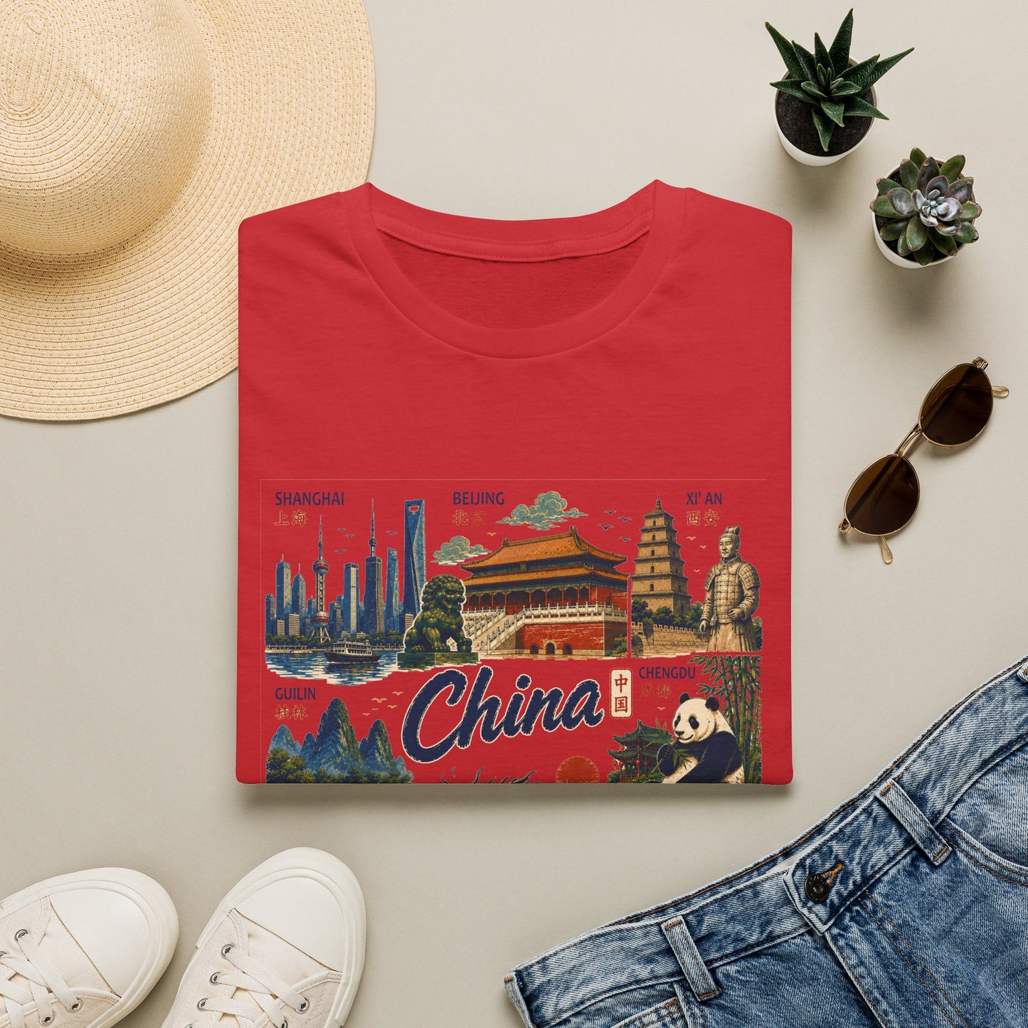 China Travel Collage T-Shirt — Landmarks & Panda Souvenir Tee