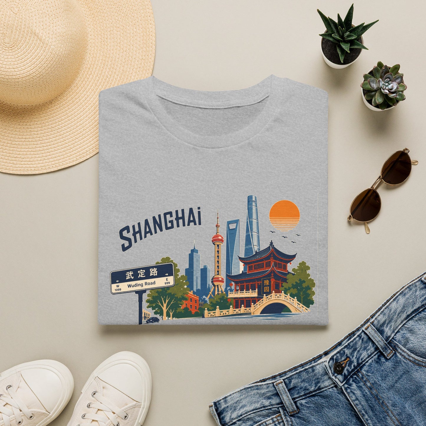 Shanghai Skyline T-Shirt — Vintage Cityscape Graphic Tee featuring Oriental Pagoda & Pudong Landmarks