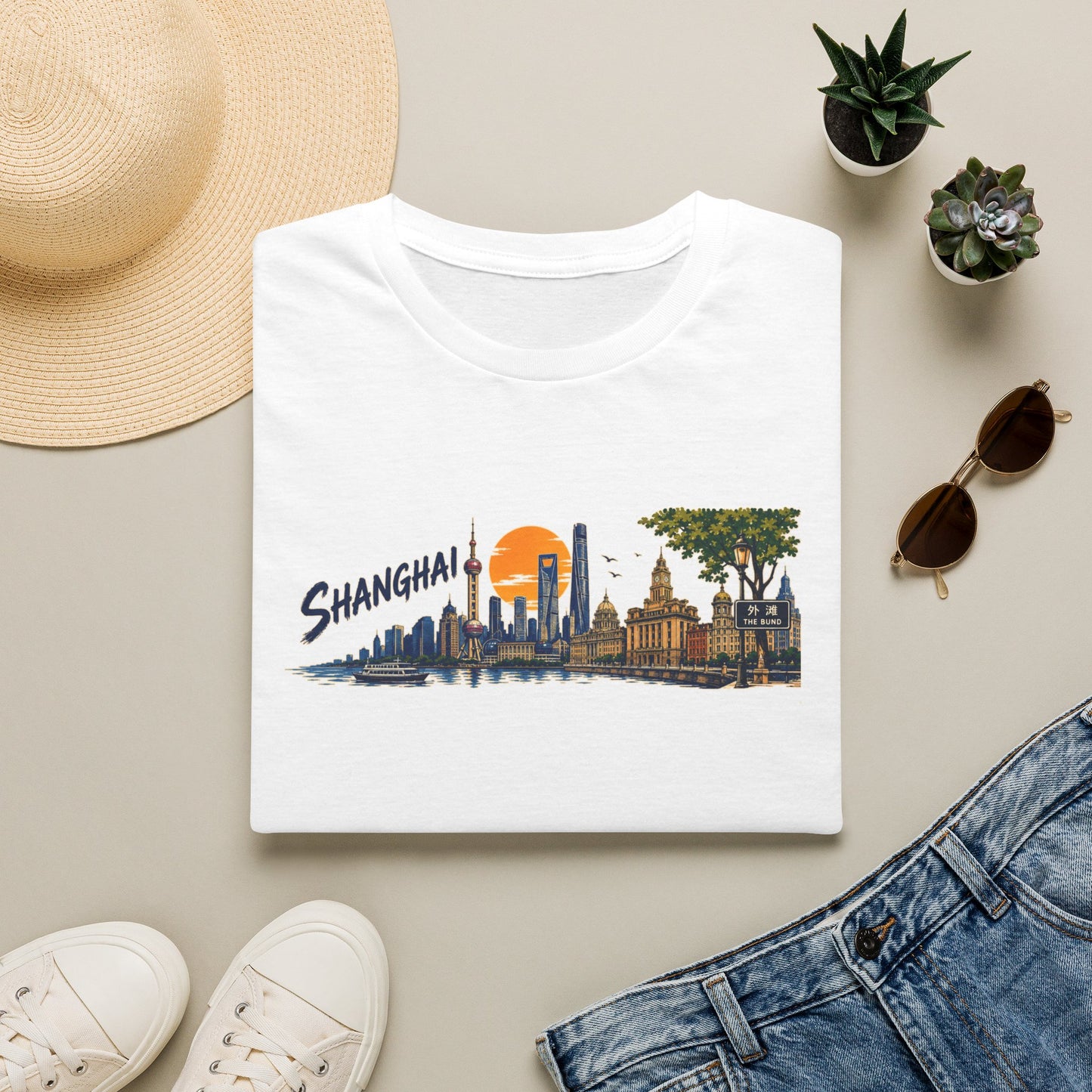 Shanghai Skyline T-Shirt — Vintage Cityscape Sunset Tee