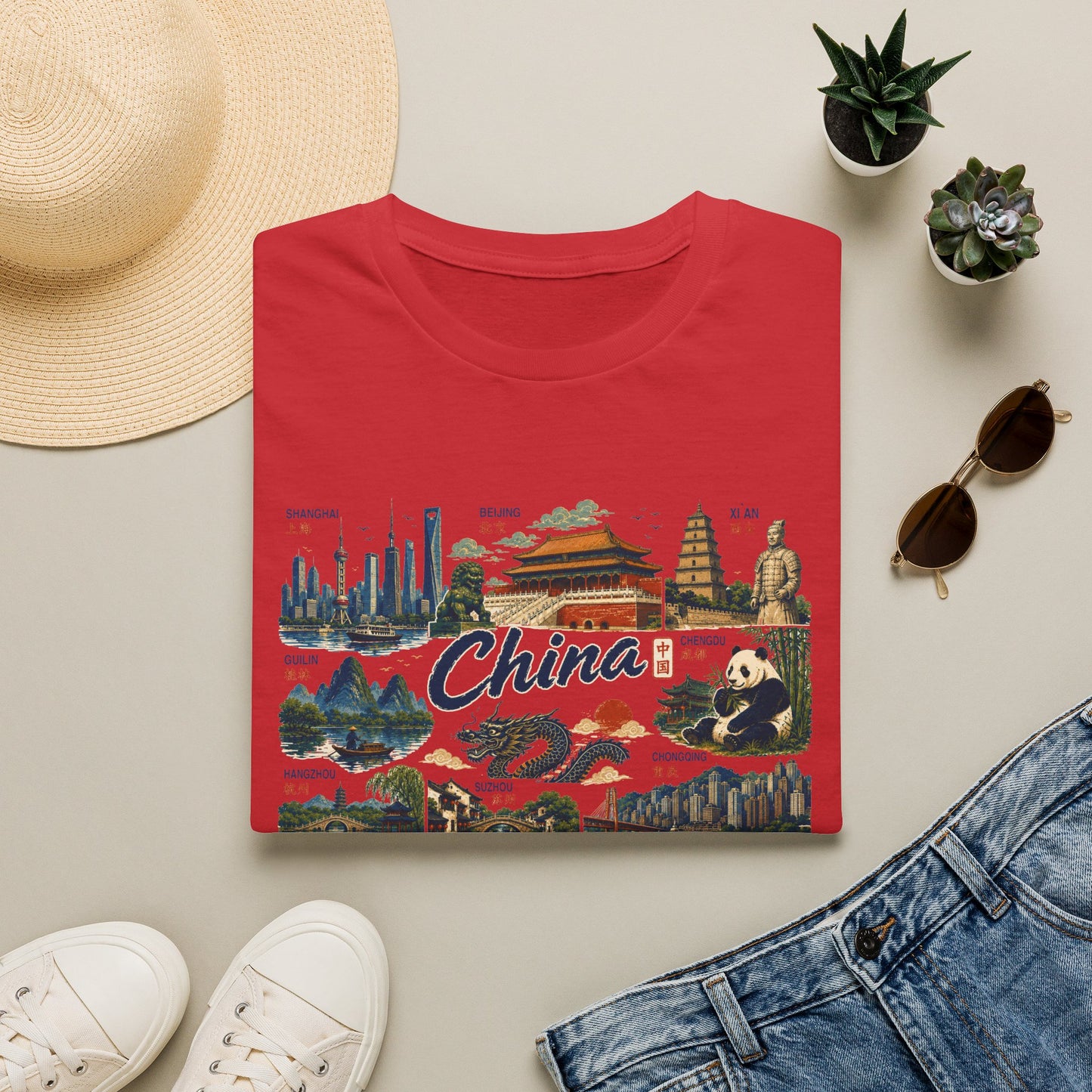 China Landmarks T-Shirt — Panda, Great Wall & Skyline Travel Tee