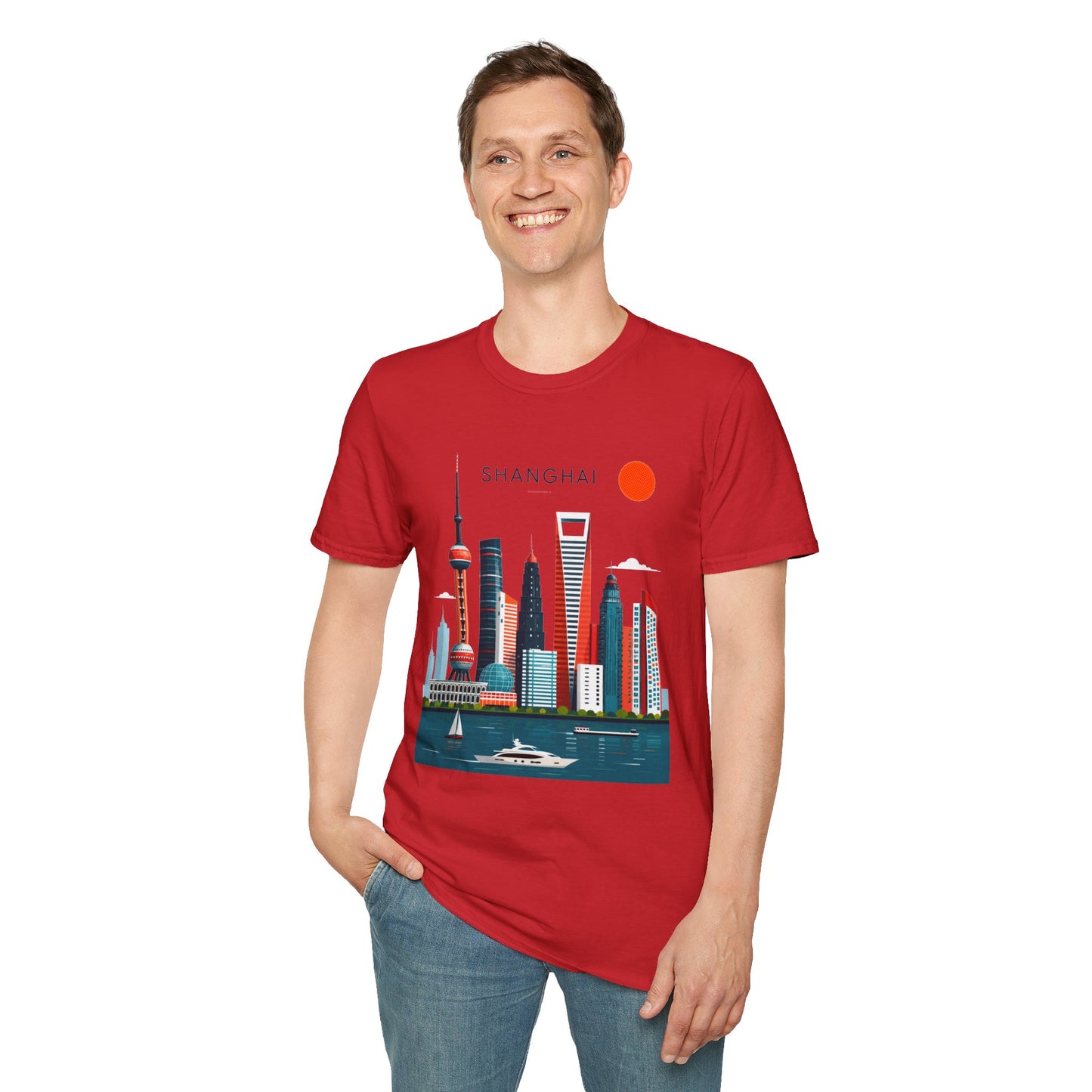 Shanghai Skyline T‑Shirt — Retro Red Sun Cityscape Tee