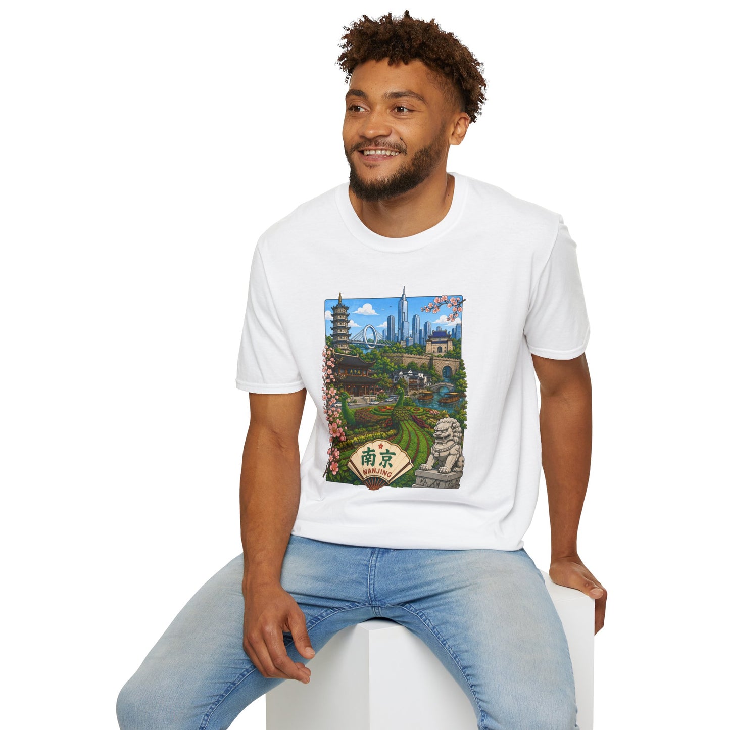 Nanjing Skyline T-Shirt — Scenic Cityscape with Pagoda & Cherry Blossoms