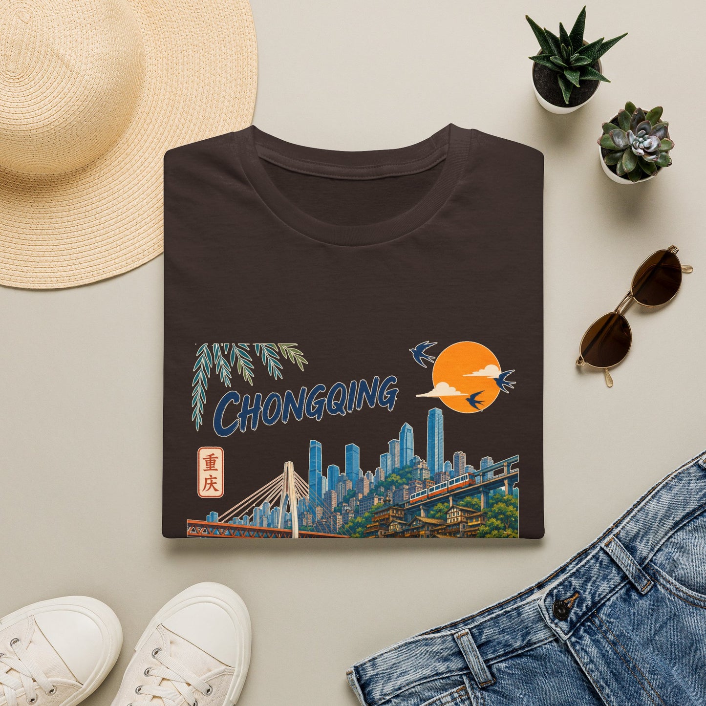 Chongqing Cityscape T-Shirt — Retro Sunset Asian Travel Tee