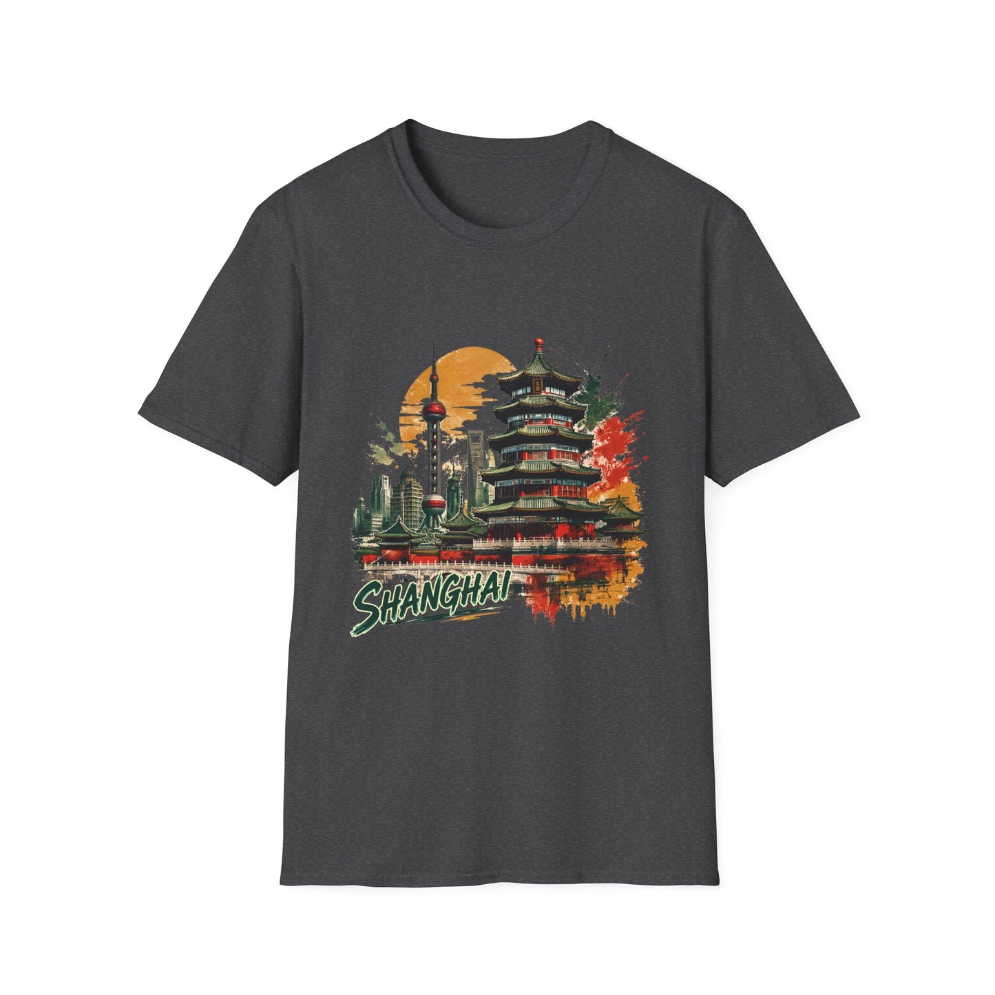 Shanghai skyline T-Shirt — Watercolor Pagoda & Oriental Sunset Tee