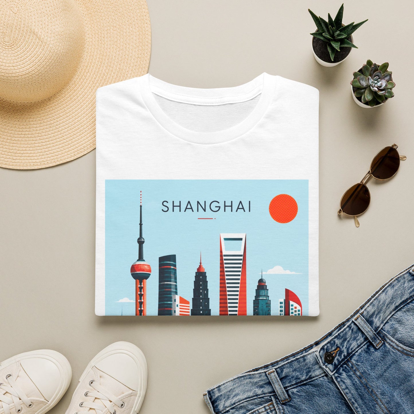 Shanghai Skyline T‑Shirt — Retro Cityscape Tee with 'SHANGHAI' Graphic