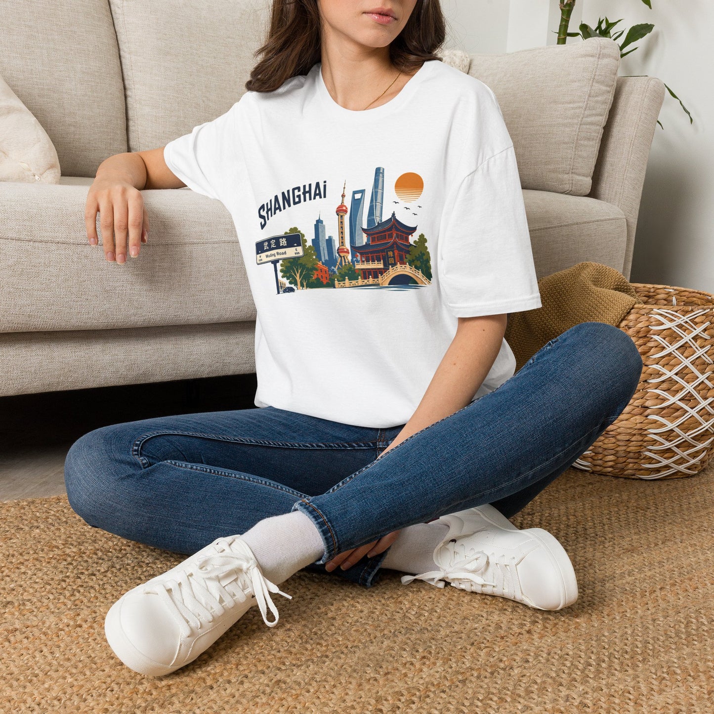 Shanghai Skyline T-Shirt — Vintage Cityscape Tee with Oriental Temple & Pudong Landmarks