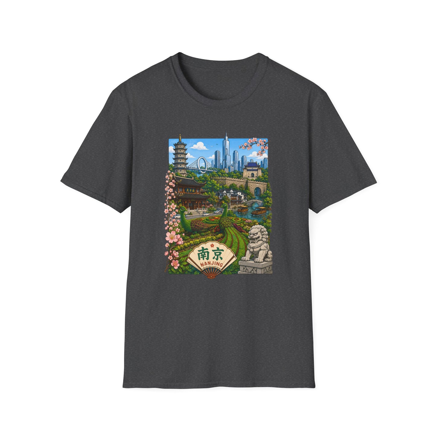 Nanjing Skyline T-Shirt — Scenic Cityscape with Pagoda & Cherry Blossoms