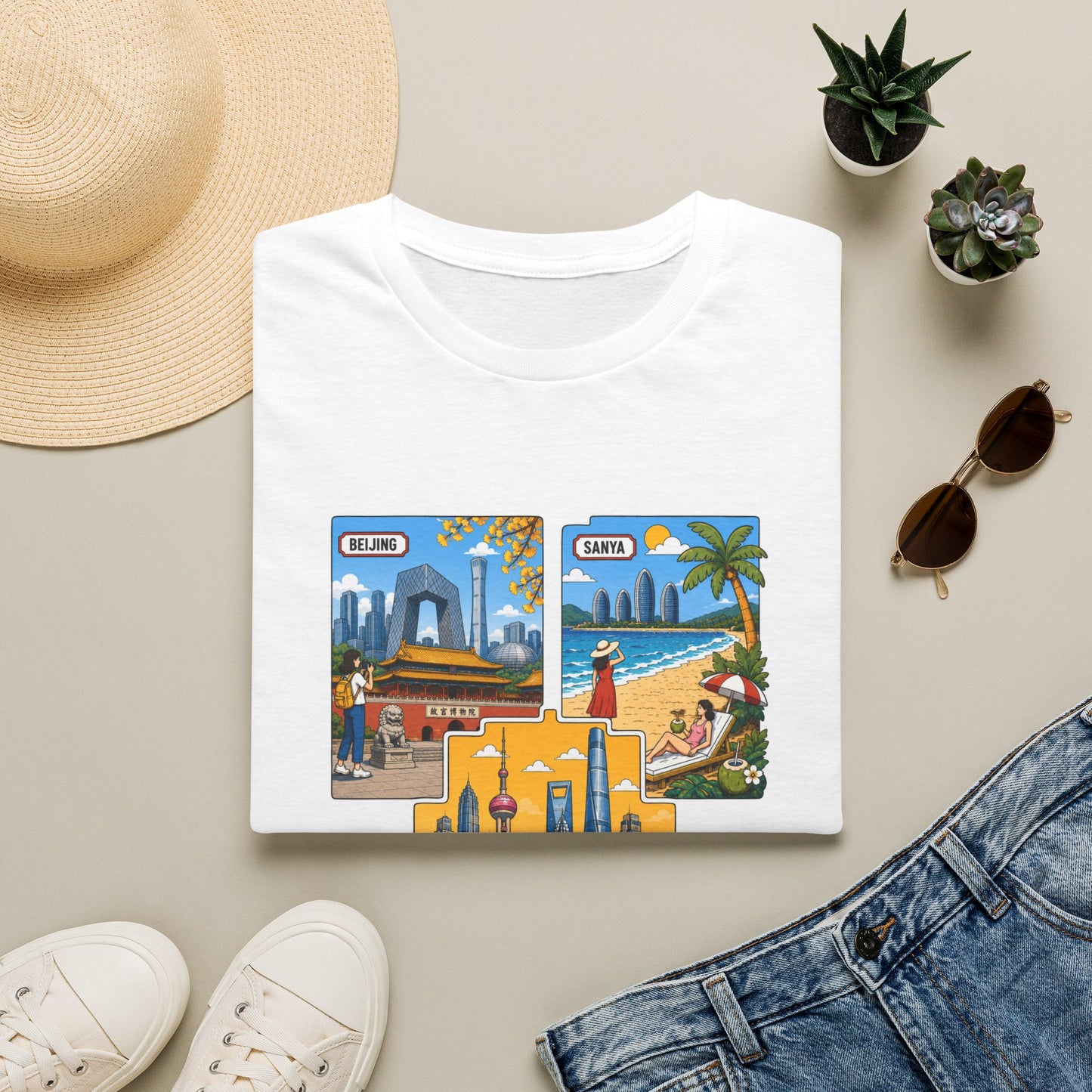 Cityscape Postcard T-Shirt — Retro Travel Collage (Beijing, Santa, Coastal Scenes)