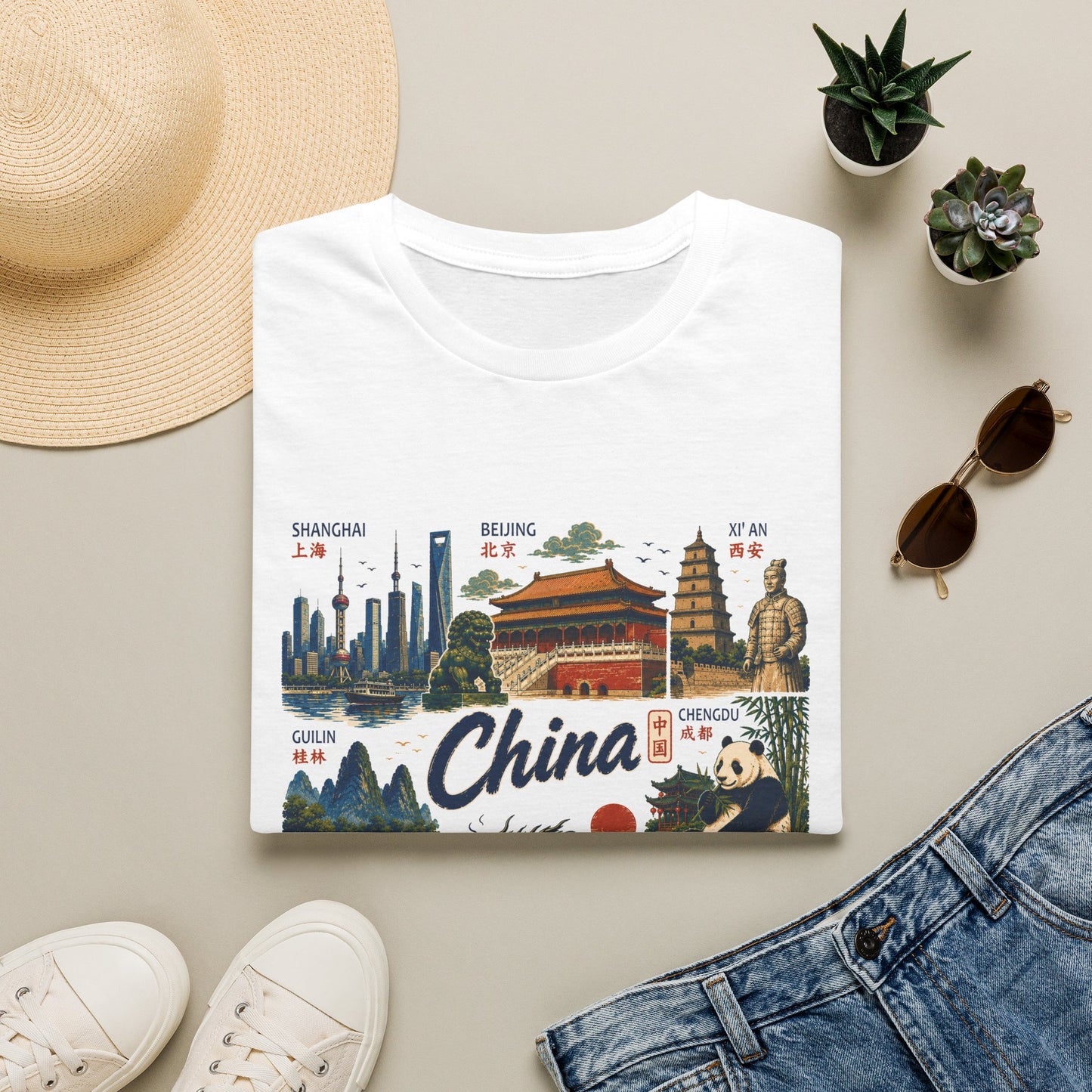China Travel Collage T-Shirt — Landmarks & Panda Souvenir Tee