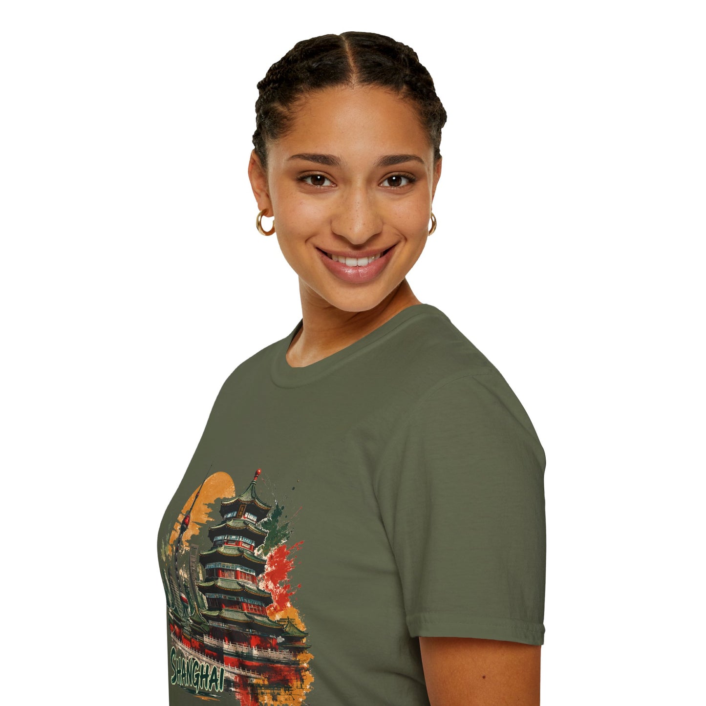 Shanghai skyline T-Shirt — Watercolor Pagoda & Oriental Sunset Tee
