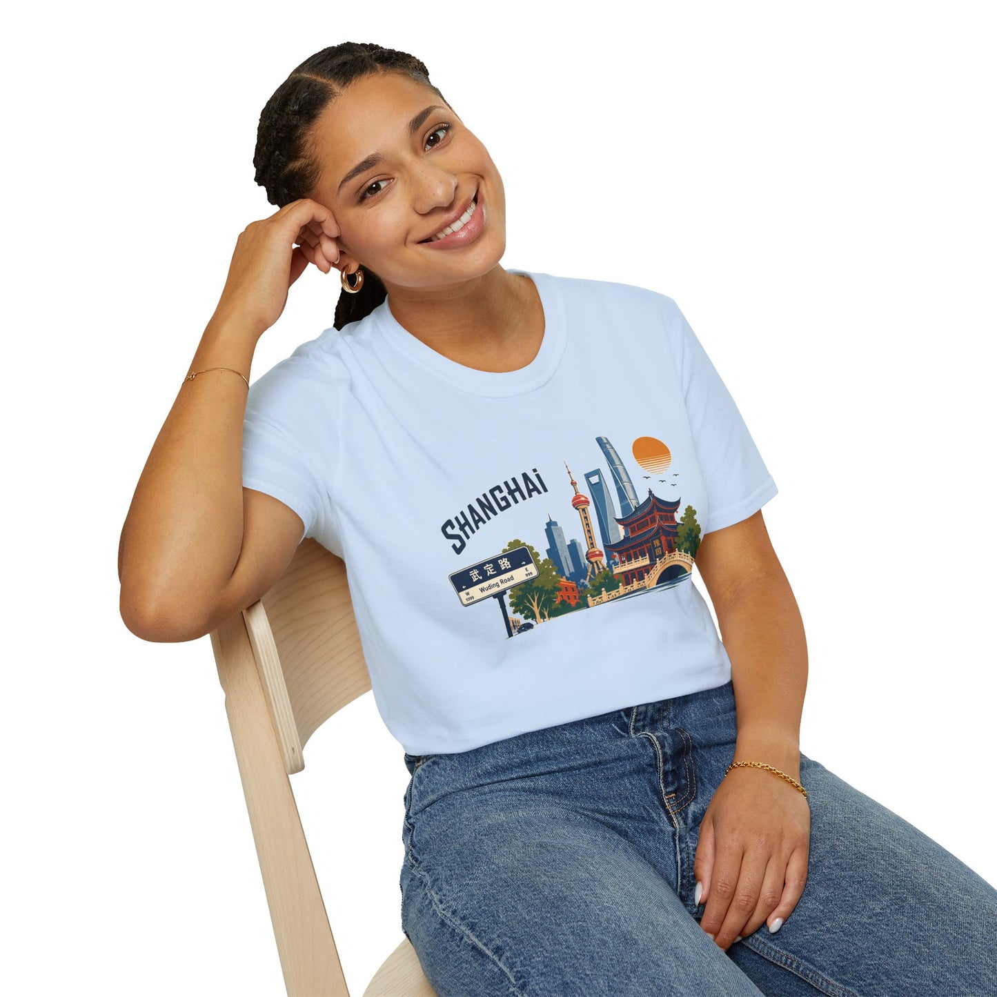 Shanghai Skyline T-Shirt — Vintage Cityscape Tee with Oriental Temple & Pudong Landmarks