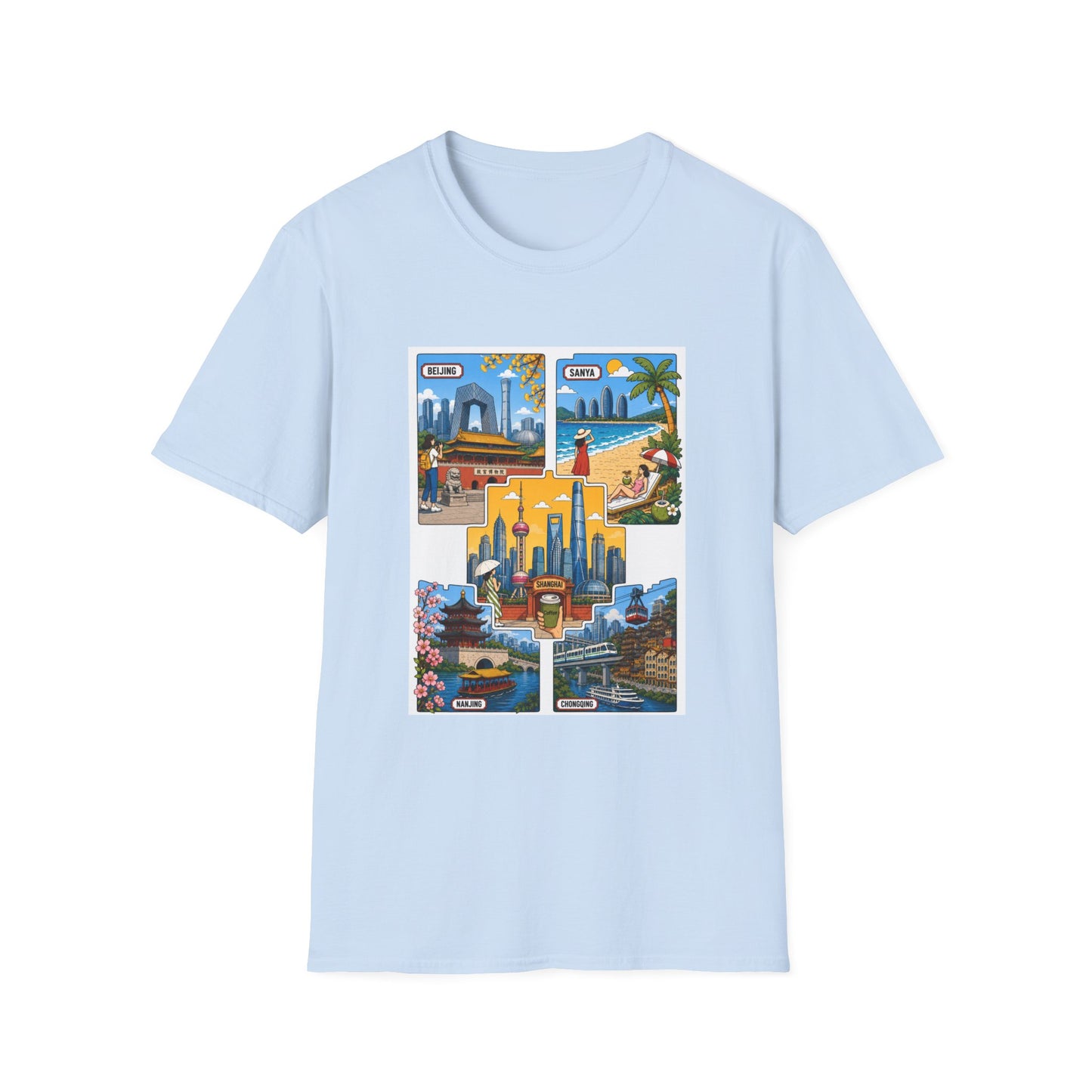 Cityscape Postcard T-Shirt — Retro Travel Collage (Beijing, Santa, Coastal Scenes)