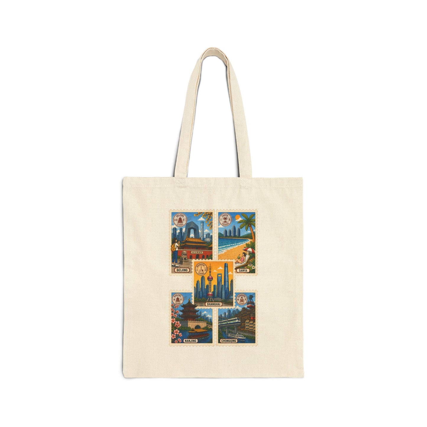 Cityscape Vintage Postcard Canvas Tote — Retro Travel Beach & Skyline Design