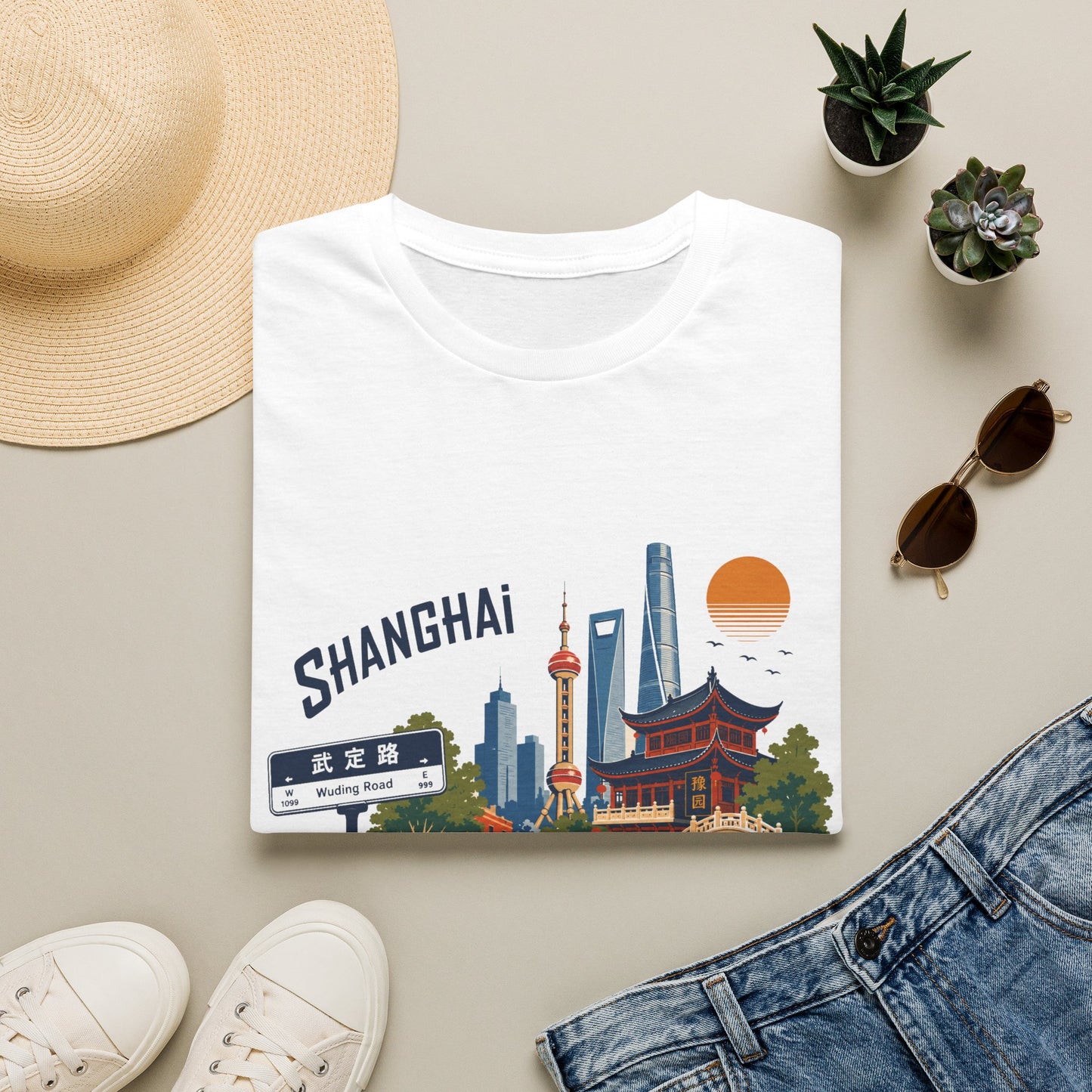 Shanghai Skyline T-Shirt — Retro Cityscape Tee with Oriental Pagoda & Street Sign