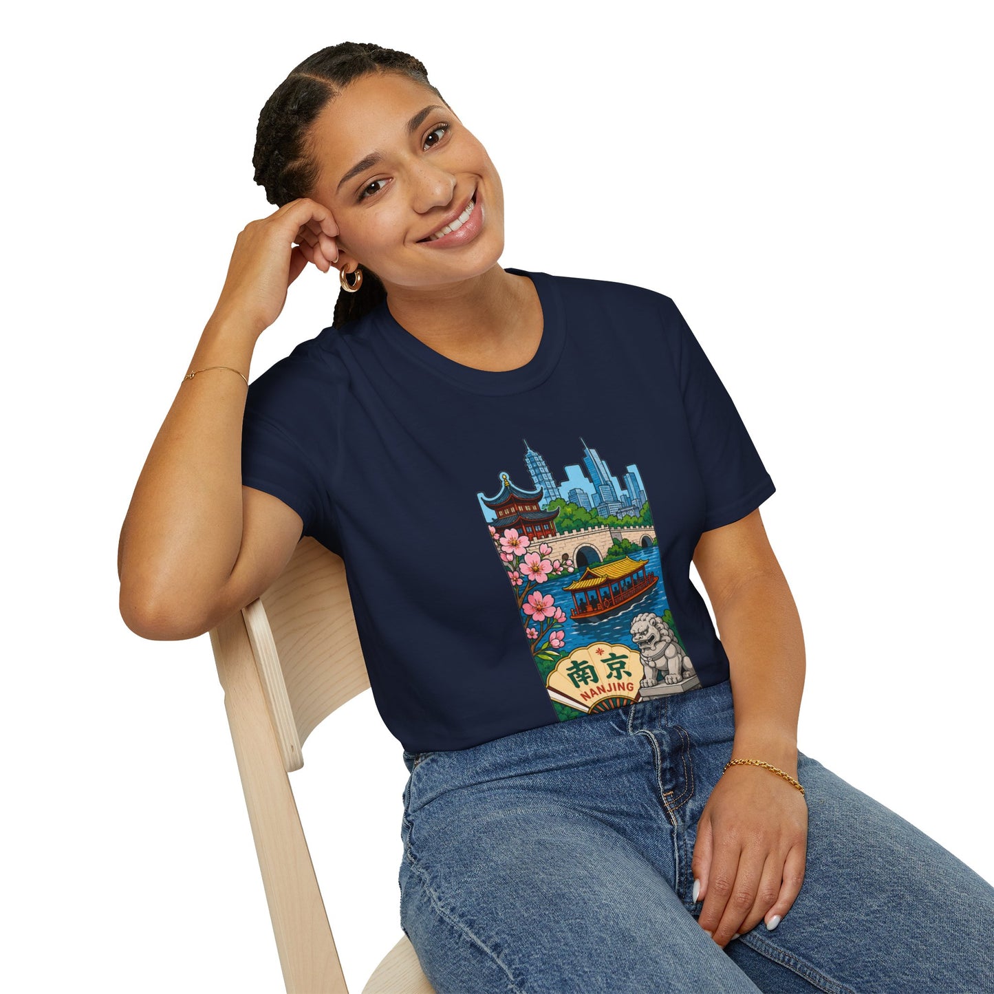 Nanjing Cityscape T-Shirt — Cherry Blossoms, Pagoda & Skyline Travel Shirt