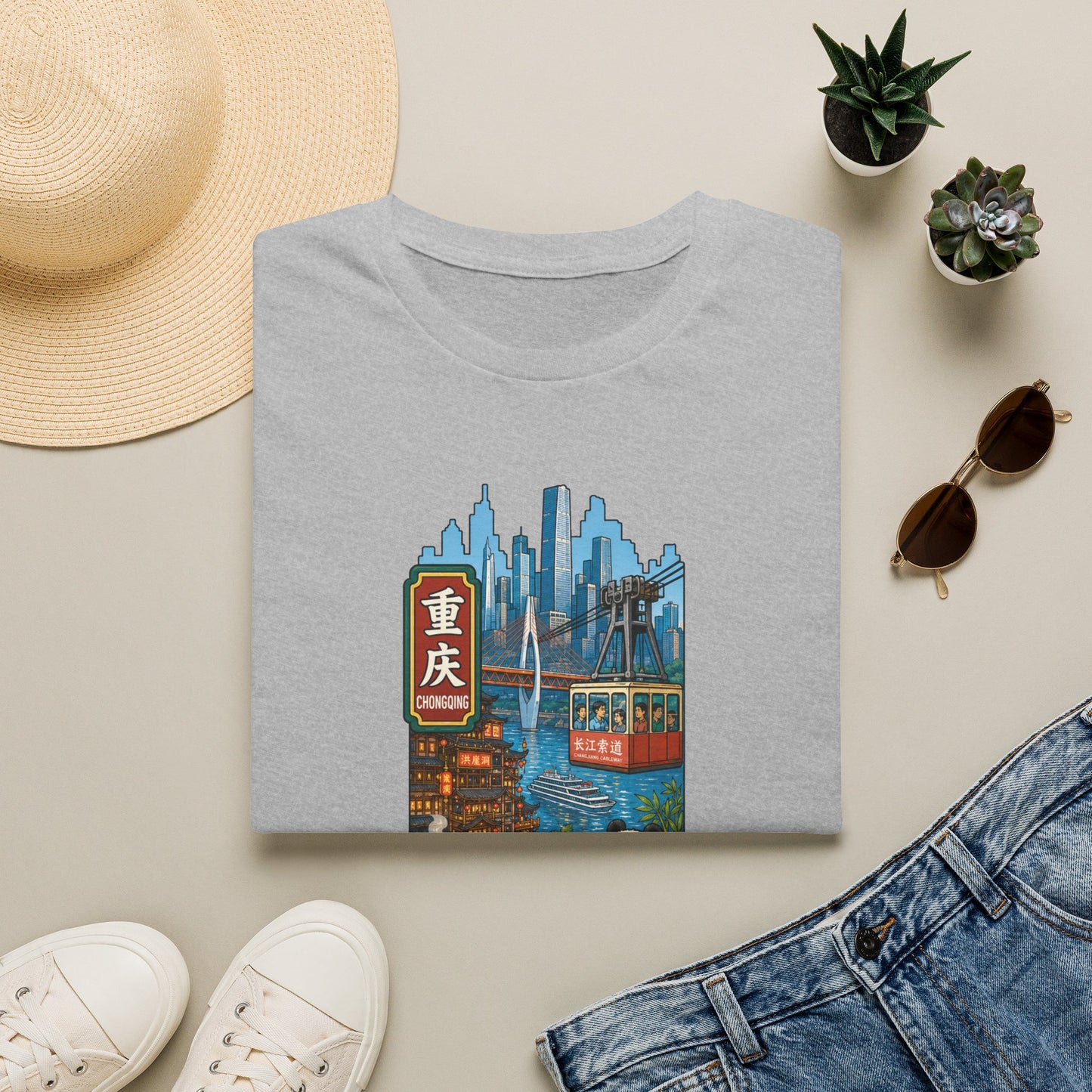 Chongqing Cityscape T-Shirt — Cable Car, Skyline & Night Market Illustration