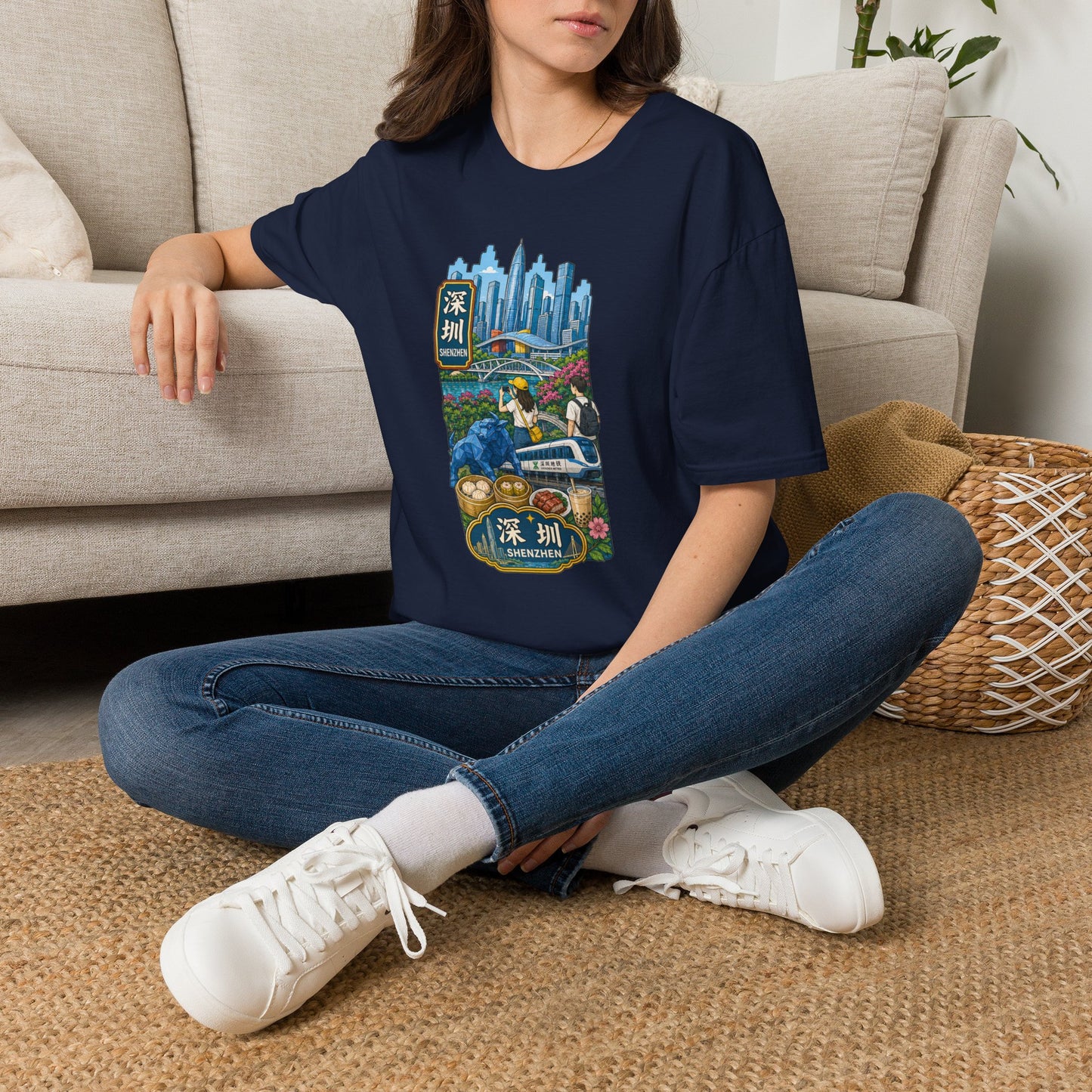 Shenzhen Skyline T-Shirt — Retro Travel City Scene with Chinese Characters
