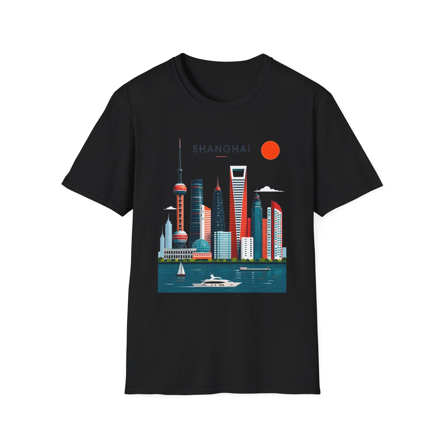 Shanghai Skyline T‑Shirt — Retro Red Sun Cityscape Tee