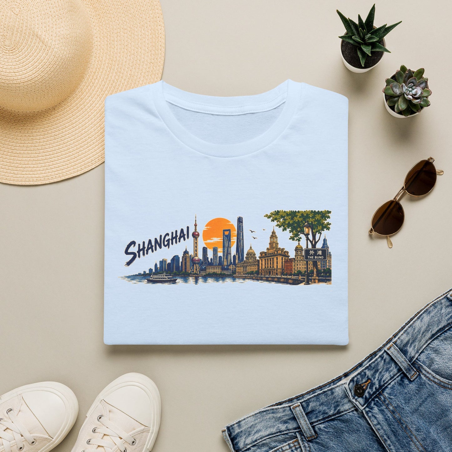 Shanghai Skyline T-Shirt — Vintage Cityscape Sunset Tee