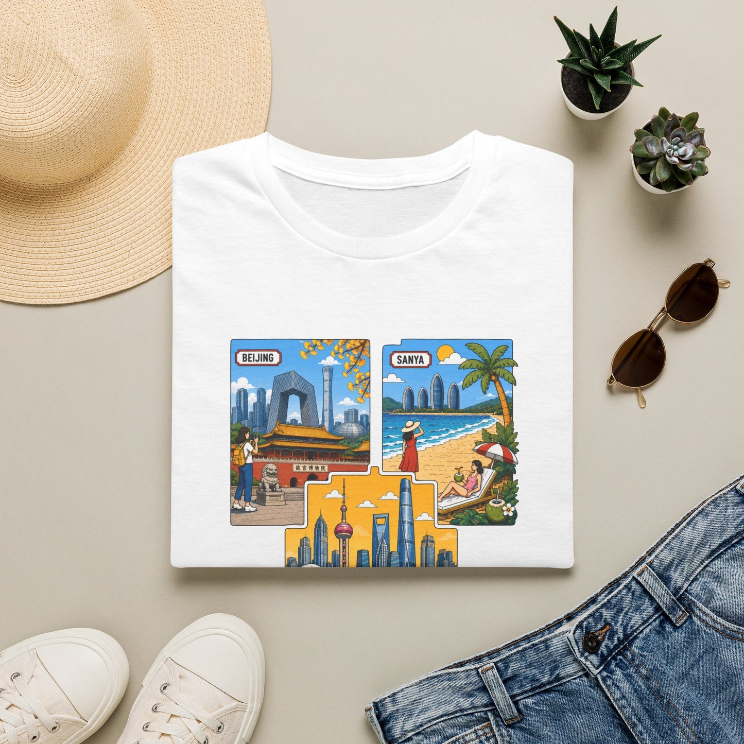 Cityscape Postcard T-Shirt — Miami & Dubai Travel Vintage Graphic Tee