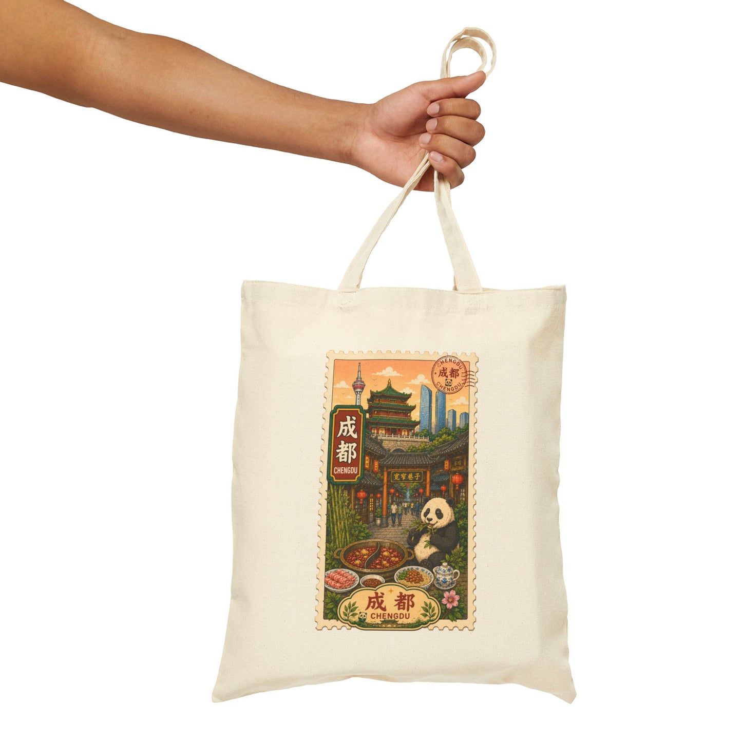 Chengdu Street Food Panda Canvas Tote Bag — Vintage Chinese Travel Market Print