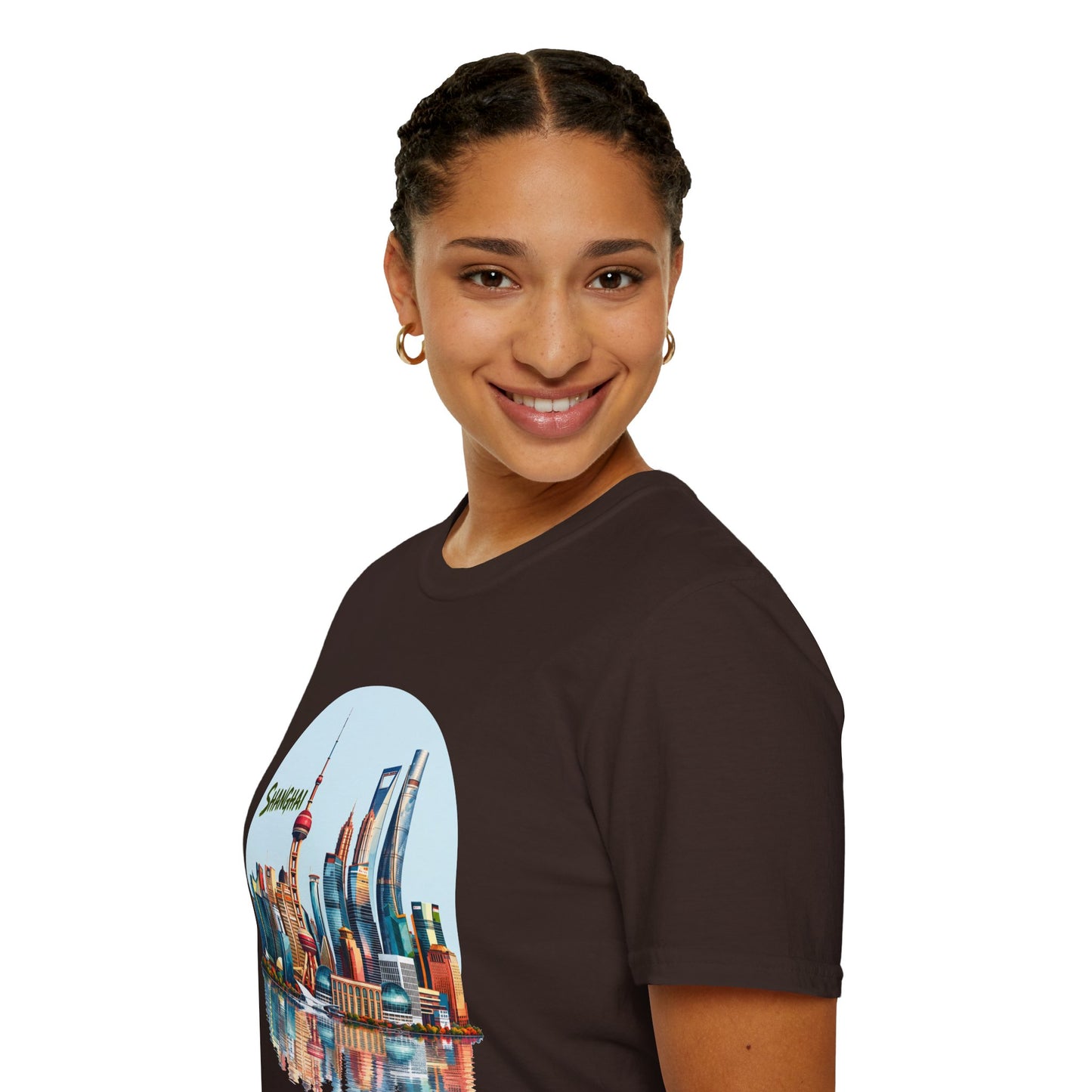 Shanghai Skyline T-Shirt — Retro Cityscape Tee with Reflection