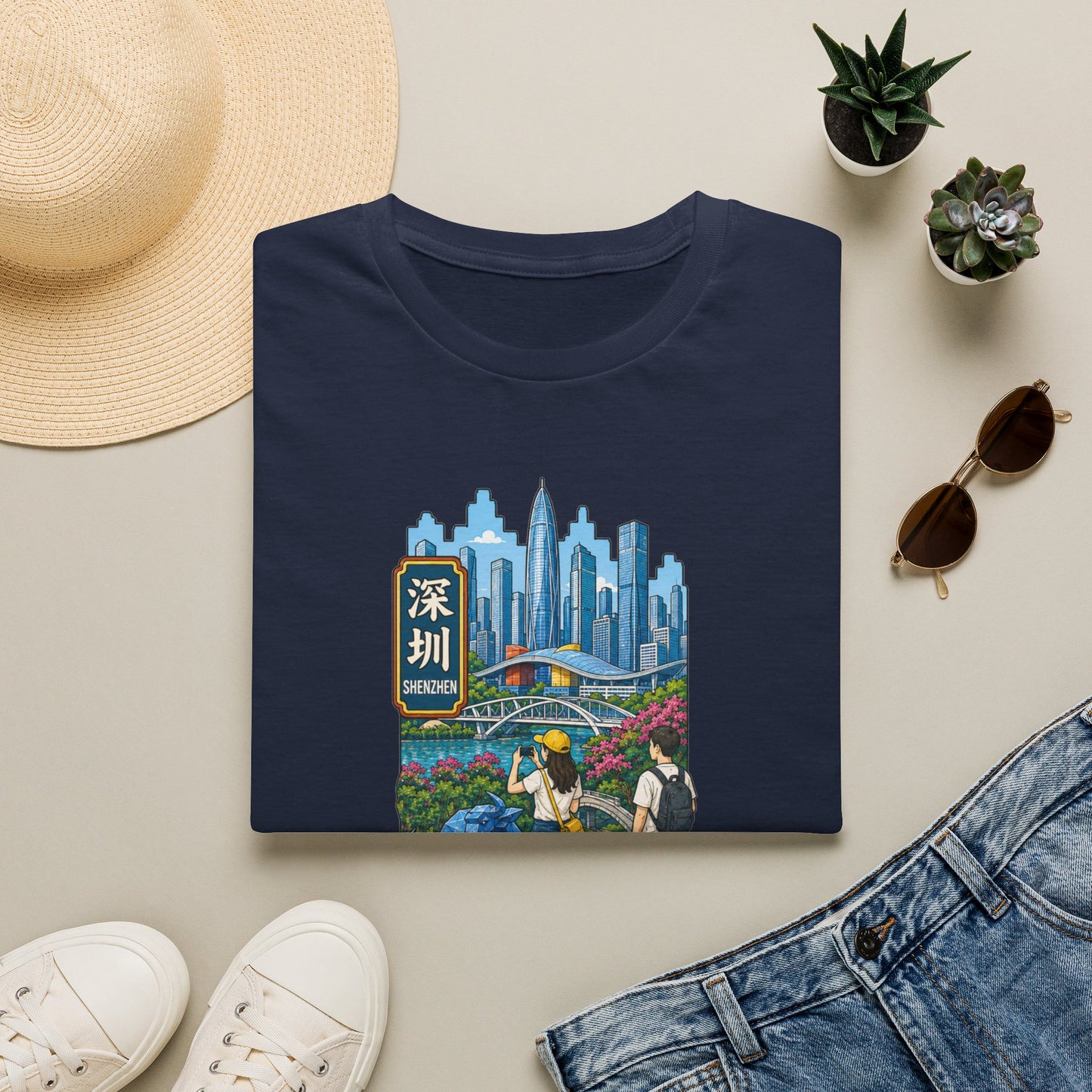 Shenzhen Skyline T-Shirt — Retro Travel City Scene with Chinese Characters