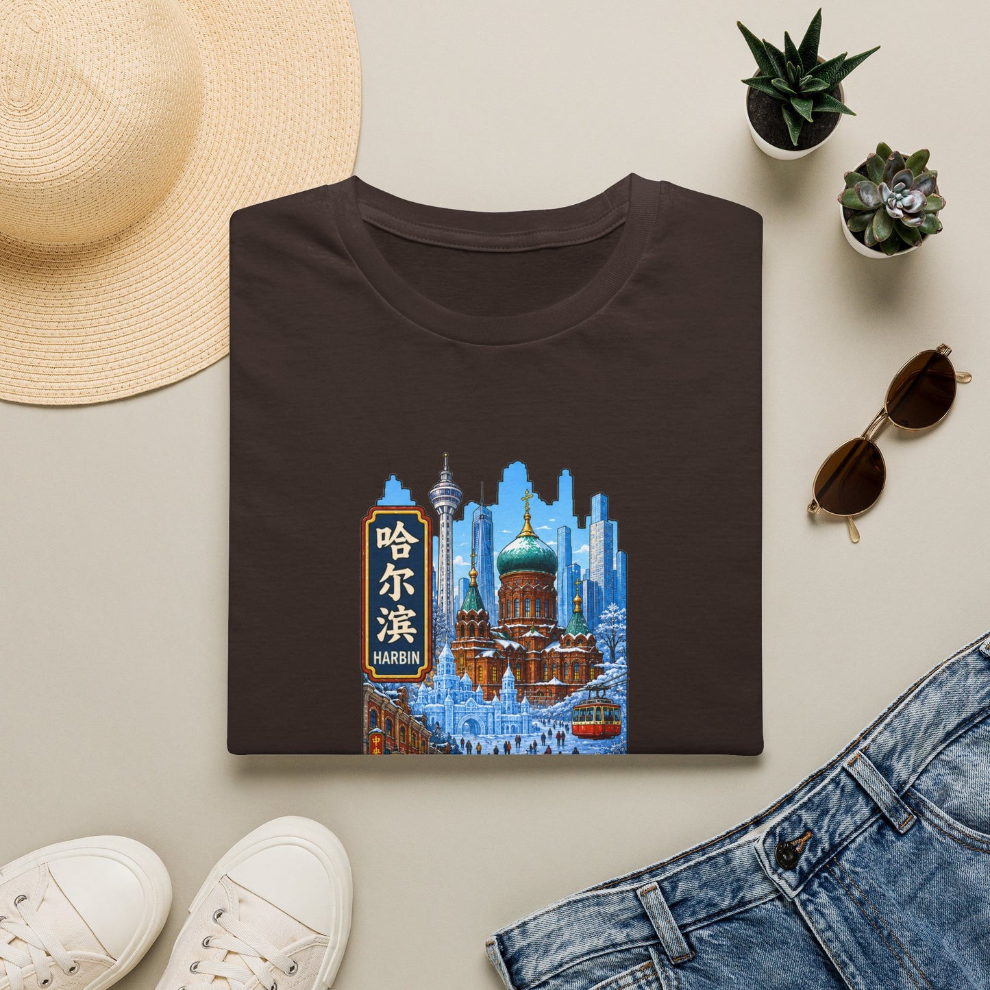 Harbin Cityscape T-Shirt — Snowy Cathedral & Skyline Travel Tee