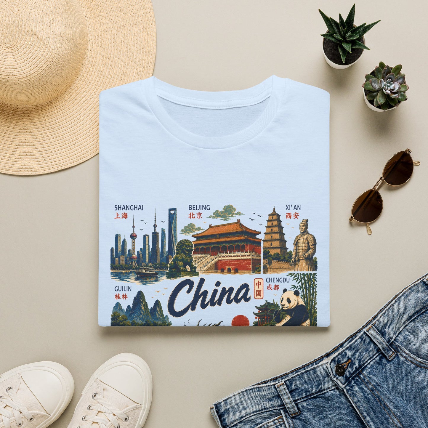 China Travel Collage T-Shirt — Landmarks & Panda Souvenir Tee