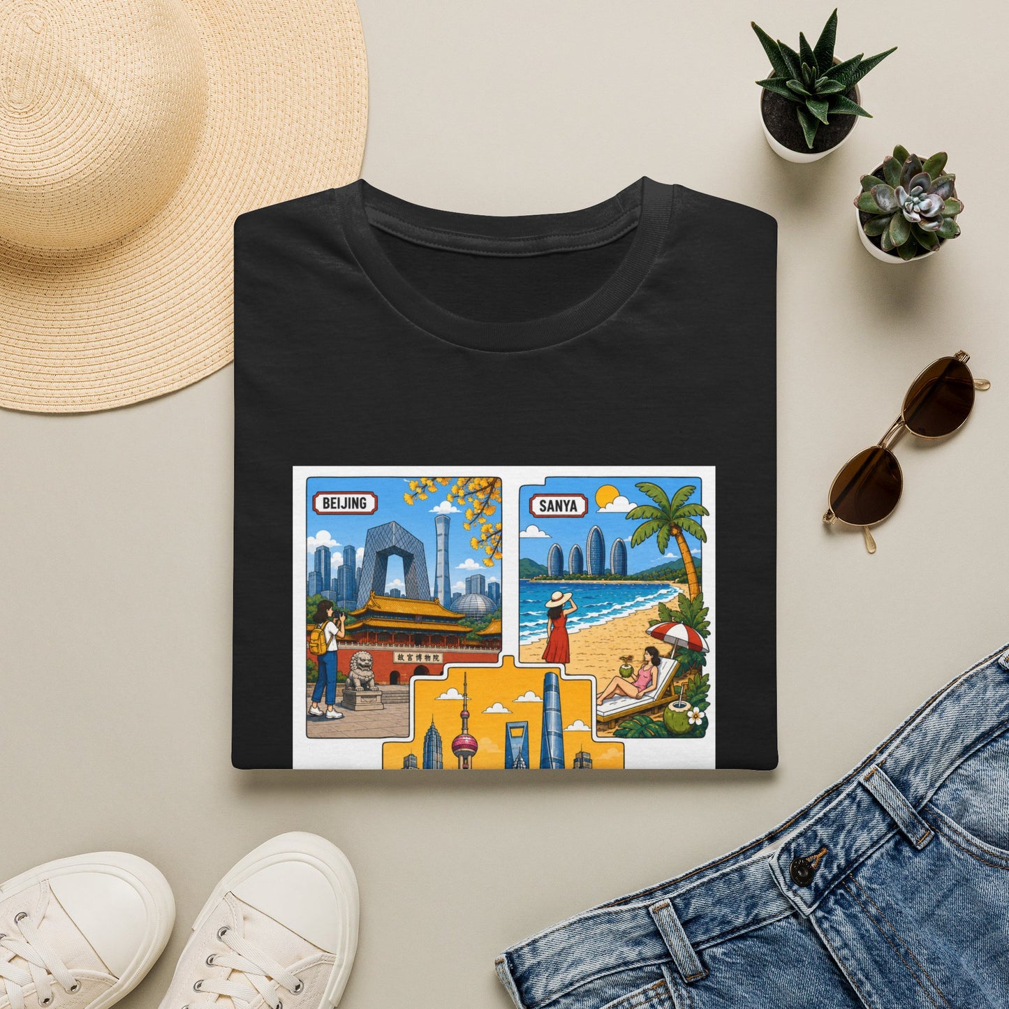 Cityscape Postcard T-Shirt — Retro Travel Collage (Beijing, Santa, Coastal Scenes)