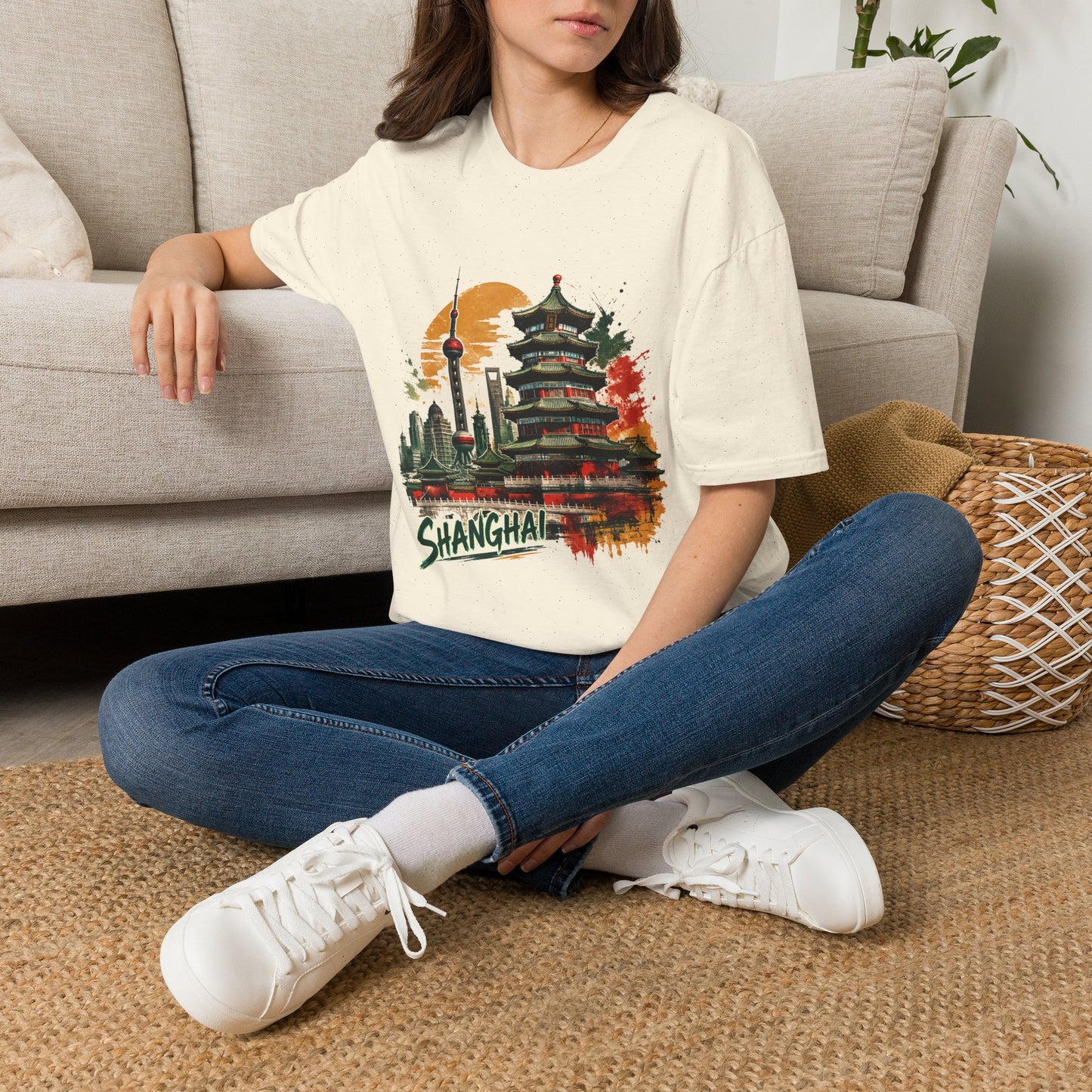 Shanghai skyline T-Shirt — Watercolor Pagoda & Oriental Sunset Tee
