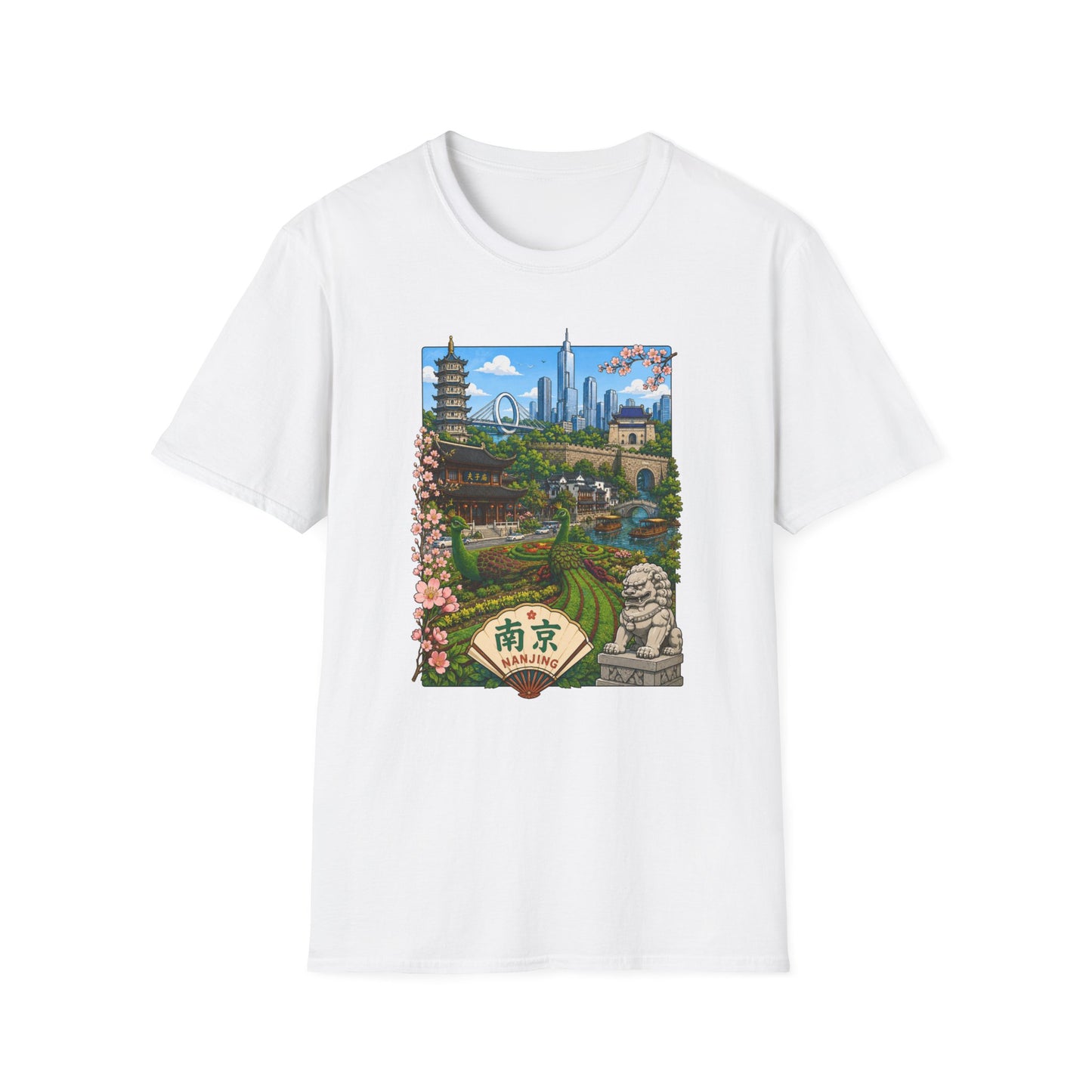 Nanjing Skyline T-Shirt — Scenic Cityscape with Pagoda & Cherry Blossoms