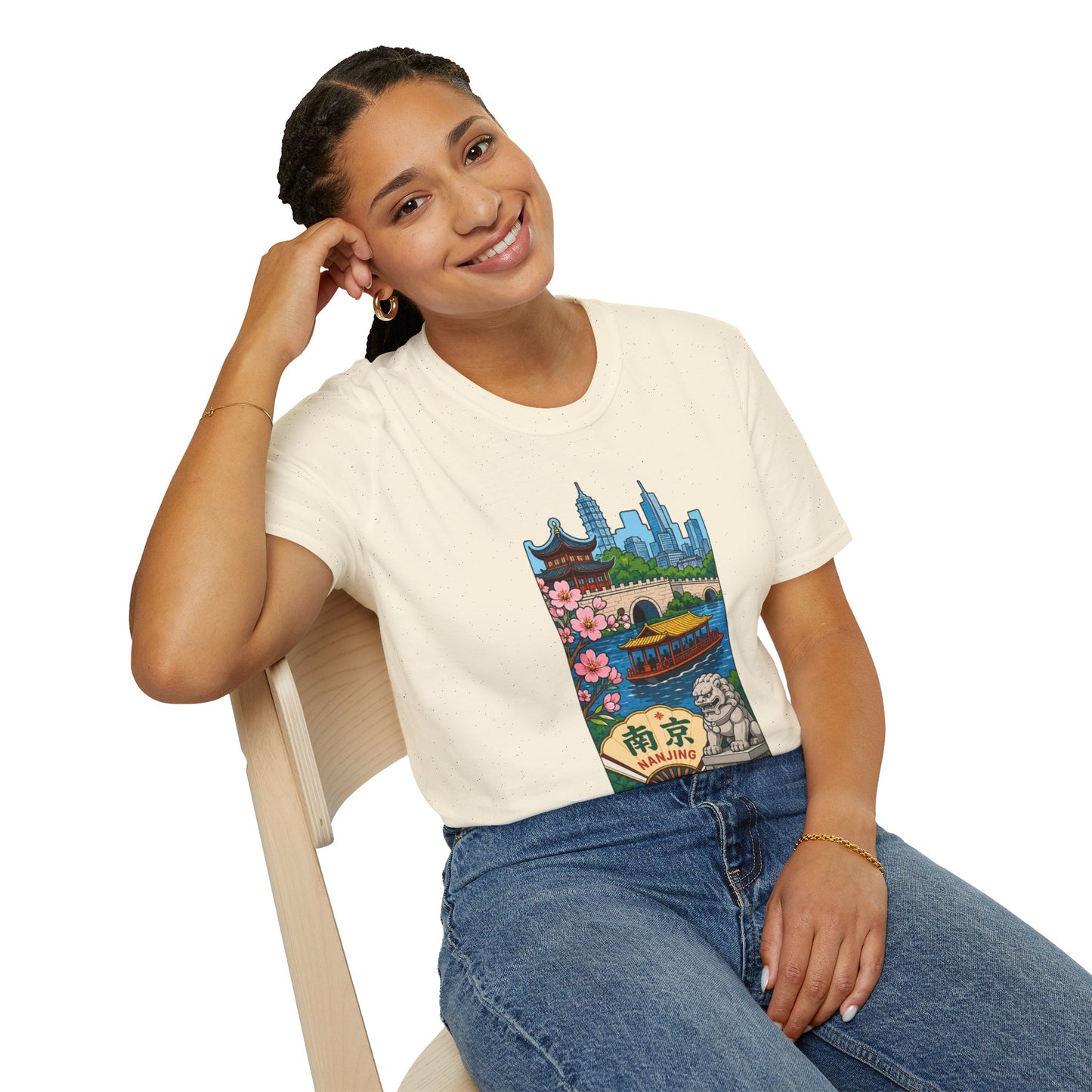 Nanjing Cityscape T-Shirt — Cherry Blossoms, Pagoda & Skyline Travel Shirt