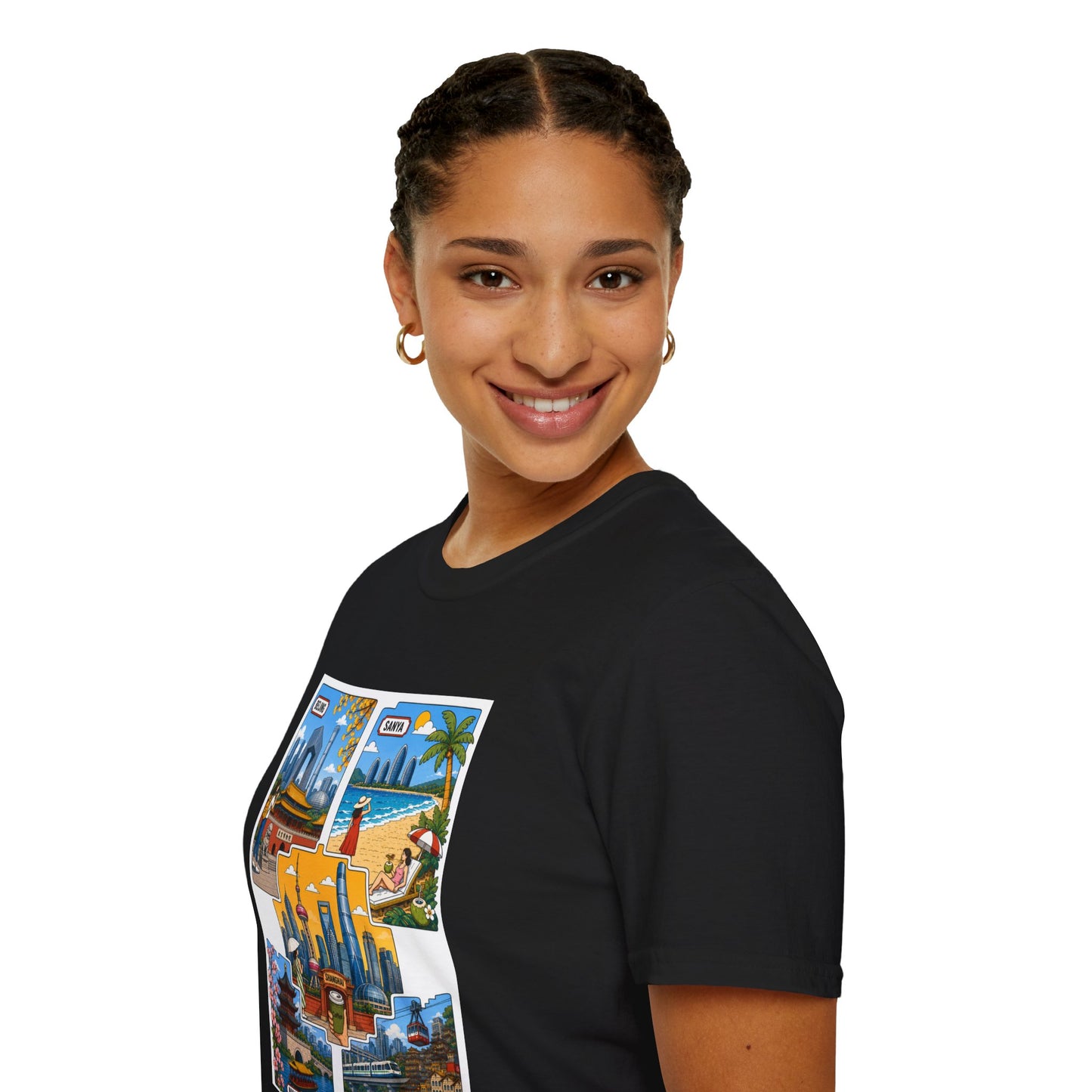 Cityscape Postcard T-Shirt — Retro Travel Collage (Beijing, Santa, Coastal Scenes)