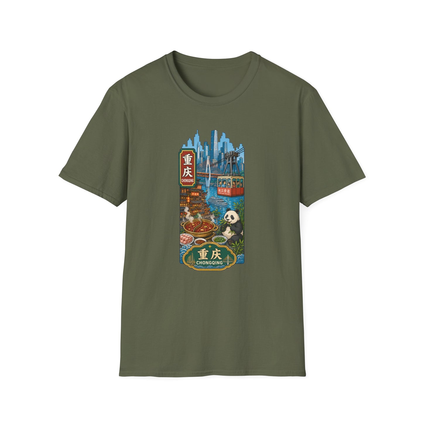 Chongqing Cityscape T-Shirt — Cable Car, Skyline & Night Market Illustration